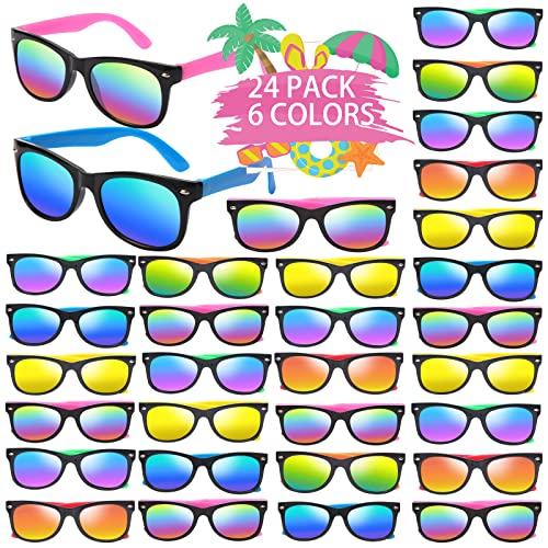 Hldgras Kids Sunglasses Bulk Party Favors for Kids 4-8-12 24 Pack 80s Style Neon Sunglasses with UV400 Protection Goodie Bag Stuffers Pool Party Favors Decorations end of Year Student Gifts for Boys and Girls