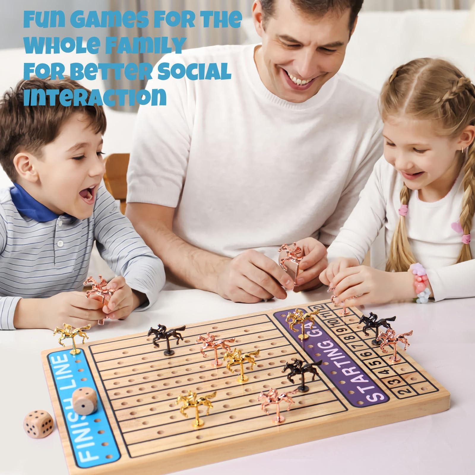 BESTAMTOY Horse Race Board Game Racing Game Thickened Solid Wood 11 Luxurious Durable Classic Metal Horses with 2 Dice and 1 Boxes of Cards Horse Racing Game
