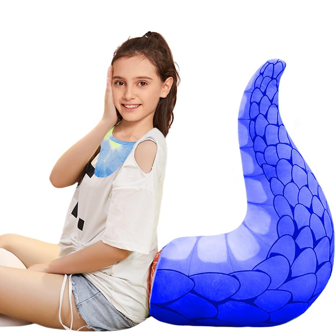 ELAINREN ELAINREN Fluffy Dinosaur Tail Shape Plush Neck Pillow Soft Dragon Tails Stuffed Body Pillow Cartoon Blue Dino Tail Plushie Cushion Decor/23.6\'\'