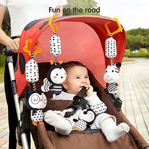 TUMAMA TUMAMA Black and White Baby Toys for 3 6 9 12 Months,Plush Hanging Rattles,Newborn Stroller Toys for Boys and Girls,4 Pack