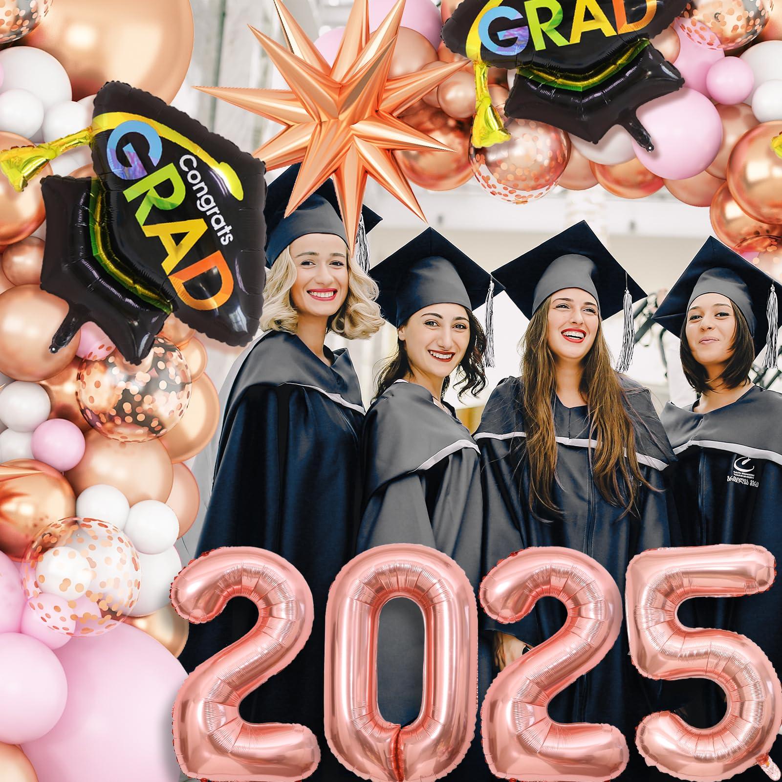 GRESATEK Graduation Balloons Garland Arch Kit, Graduation Balloons Class of 2025, Rose Gold and Pastel Pink White Balloons with Graduation Class Foil Balloons for 2025 Graduation Party Decor