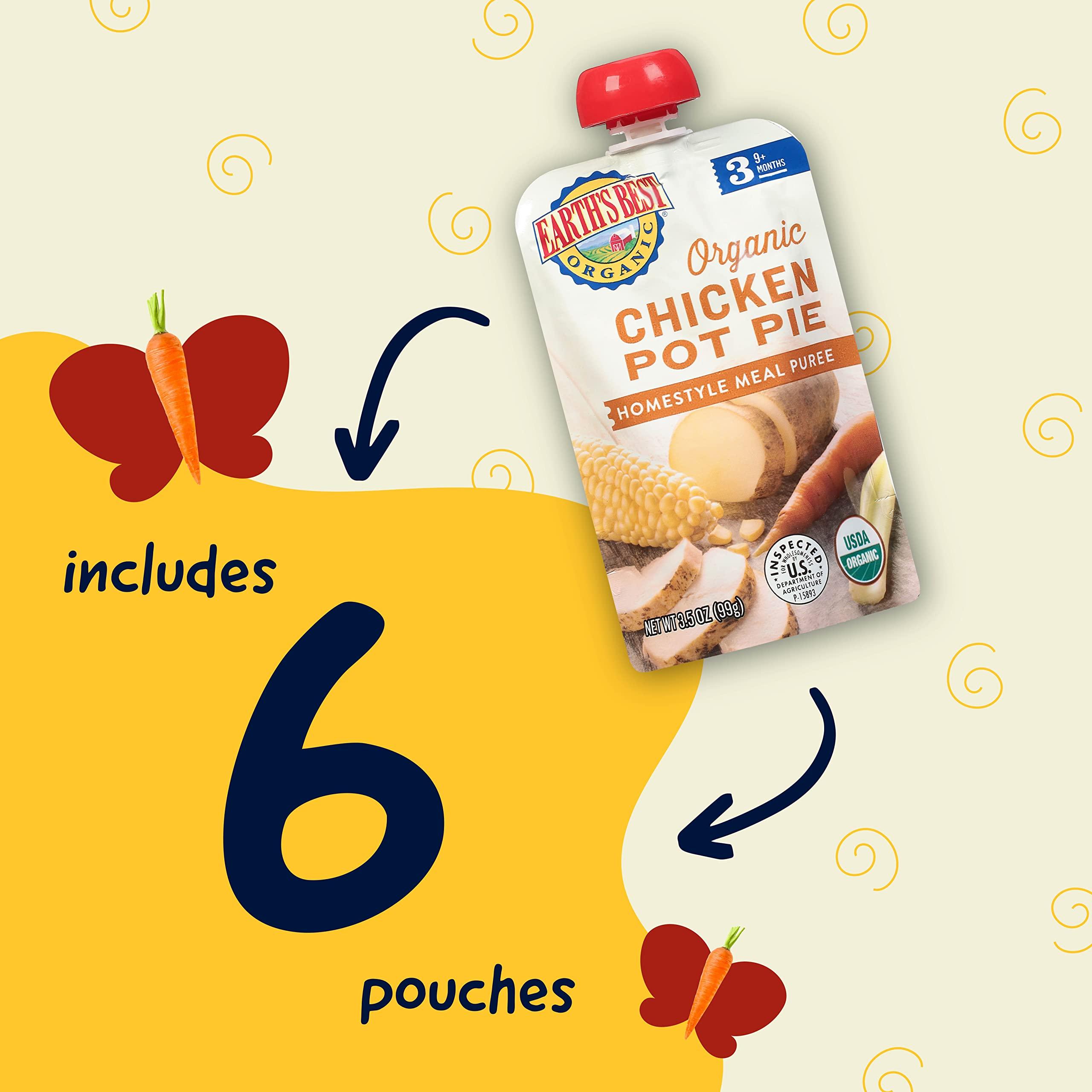Earth's Best Earth's Best Organic Baby Food Pouches, Stage 3 Homestyle Meal Puree for Babies 9 Months and Older, Organic Chicken Pot Pie Puree, 3.5 oz Resealable Pouch (Pack of 6)