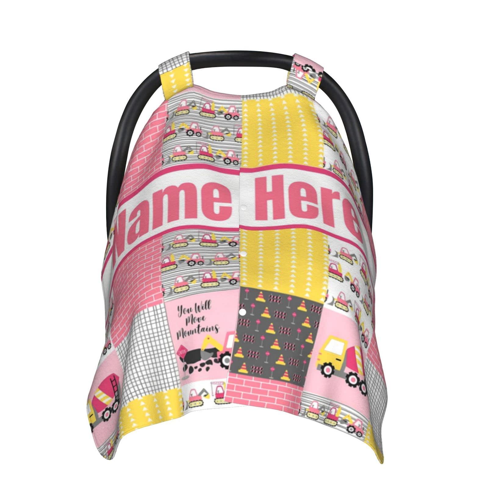 Naseagleeye Personalized Baby Car Seat Canopy for Babies with Name, Custom Car Seat Covers for Girls, Infant Opening Minky Nursing Breastfeeding Stroller Cover Carseat Canopies for Newborn (Construction Truck)