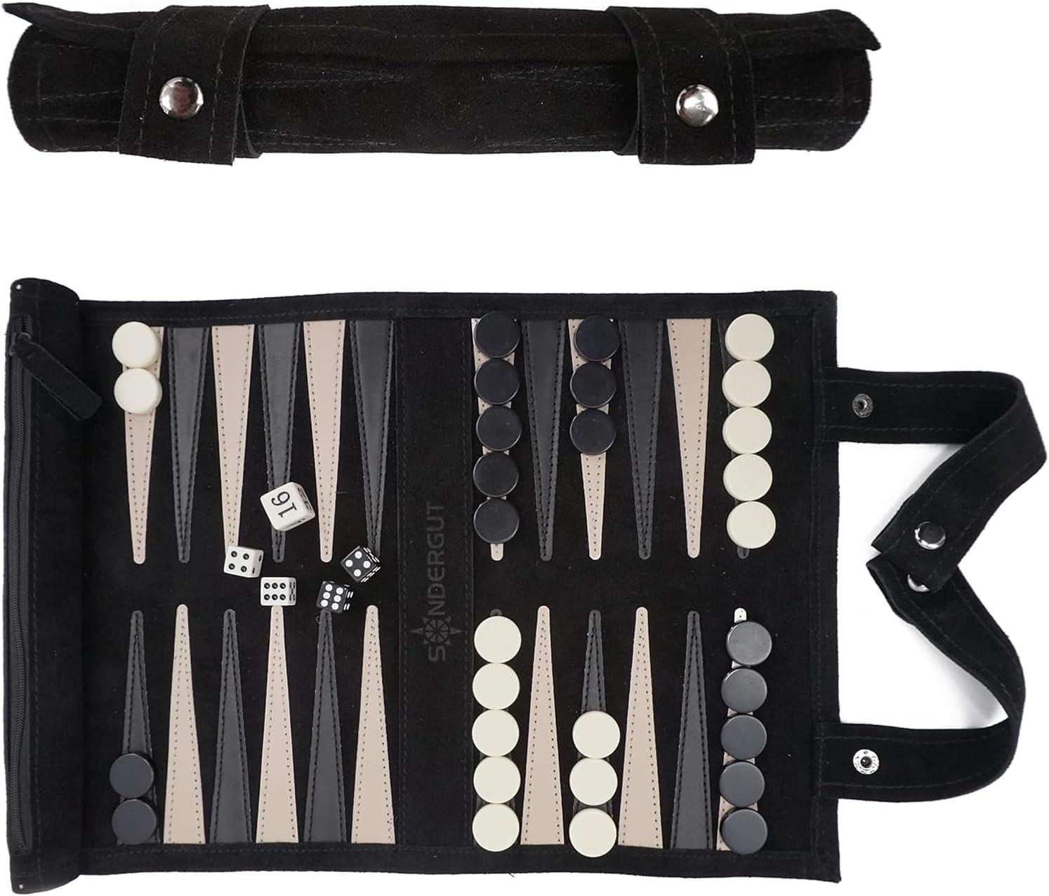 Sondergut Sondergut Roll-up Portable Suede Backgammon Game Set - Ideal for RV Travel, Cruise, Airplane, Camping, Backpacking, Road Trips, Etc. Multiple Colors (Black)