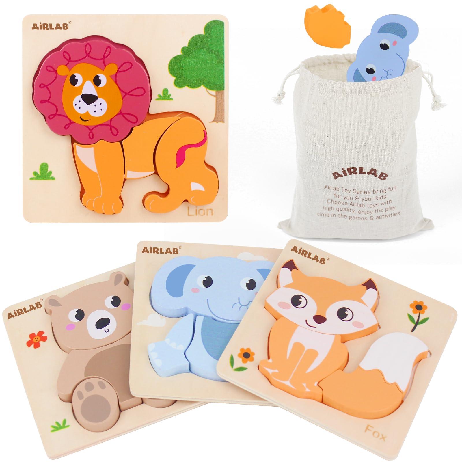Airlab Wooden Puzzles for Toddlers 1 2 3 Year Old Animals Shape Puzzle Toys for Travel Airplane Gift for Kids Montessori Early Development Gifts for Baby Boys Girls with Drawstring Bag Pack of 4