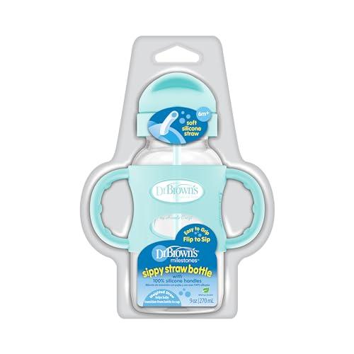 Dr. Brown's Dr. Brown's Milestones Wide-Neck Sippy Straw Bottle with 100% Silicone Handles and Weighted Straw, 9 oz/270 mL, Green, 6m+