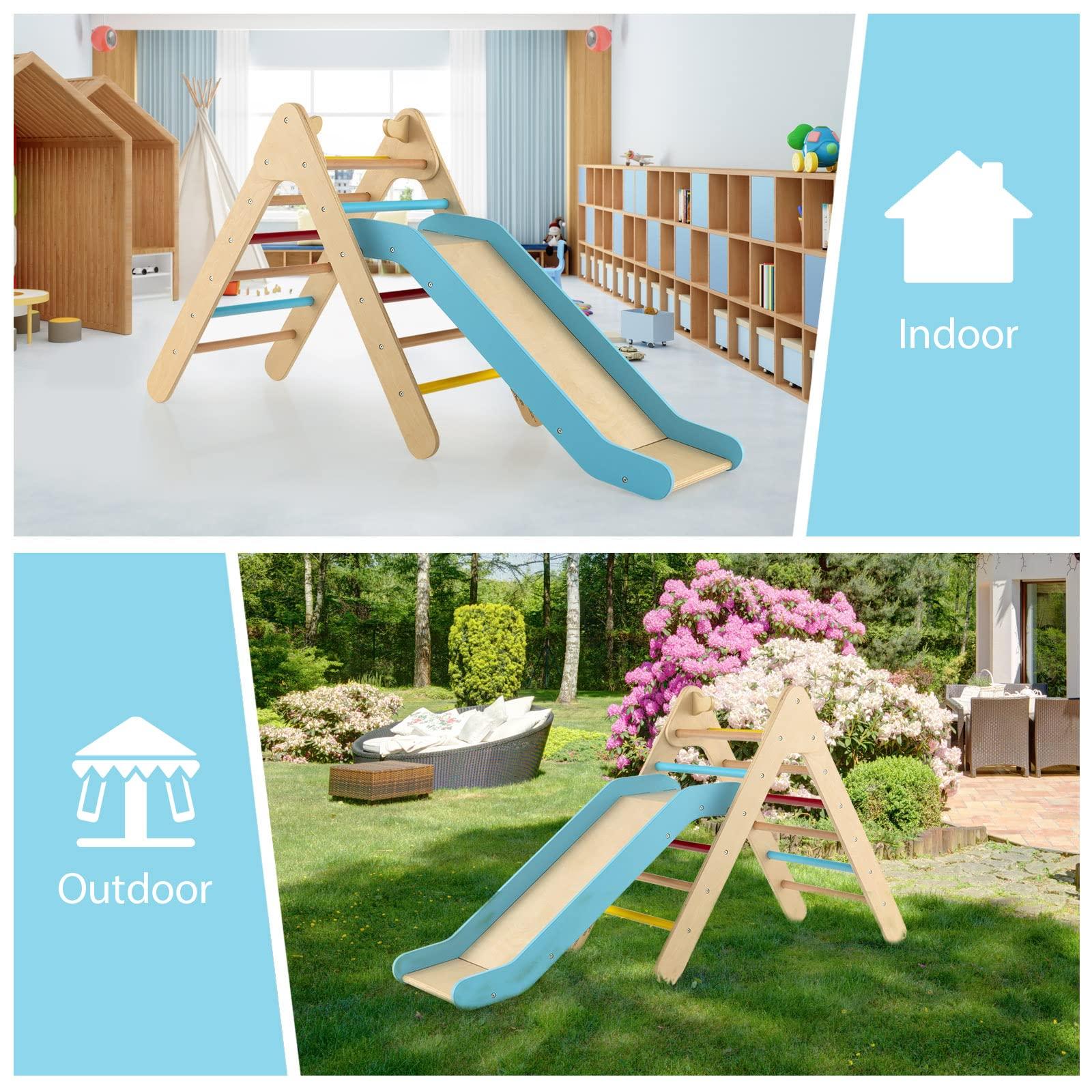 Olakids OLAKIDS Pikler Triangle Set 2 in 1 Climbing Toys for Toddlers Foldable Wood Montessori Baby Jungle Gym with Ladder Ramp Slide Kids Indoor Playground Activity Play Structure