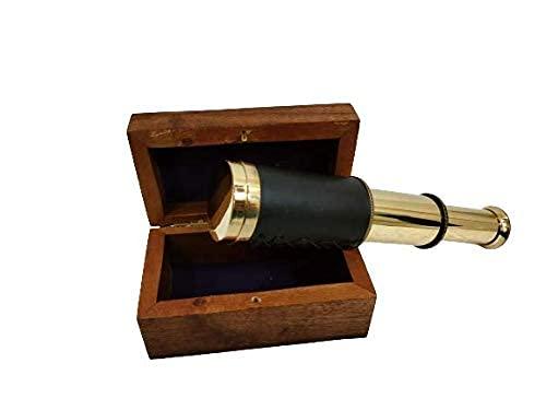 ROYALANTIQUE 6 Inch Full Brass Handed Telescope with Heavy Polished Wooden Box