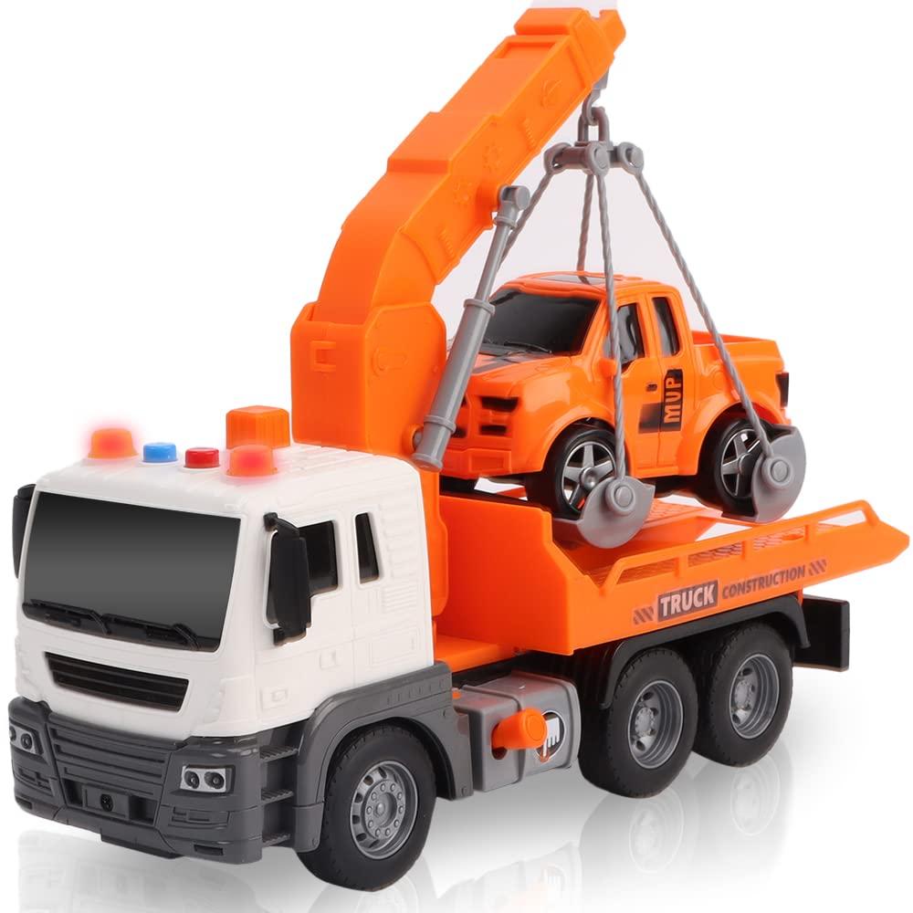 ArtCreativity ArtCreativity Light Up Tow Truck Toy, Scale Model Tow Truck with Movable Flat Bed, Lights, Sound, and Small Car Toy for Kids, Interactive Tow Truck Toys for Boys and Girls, for Ages 3 and Up