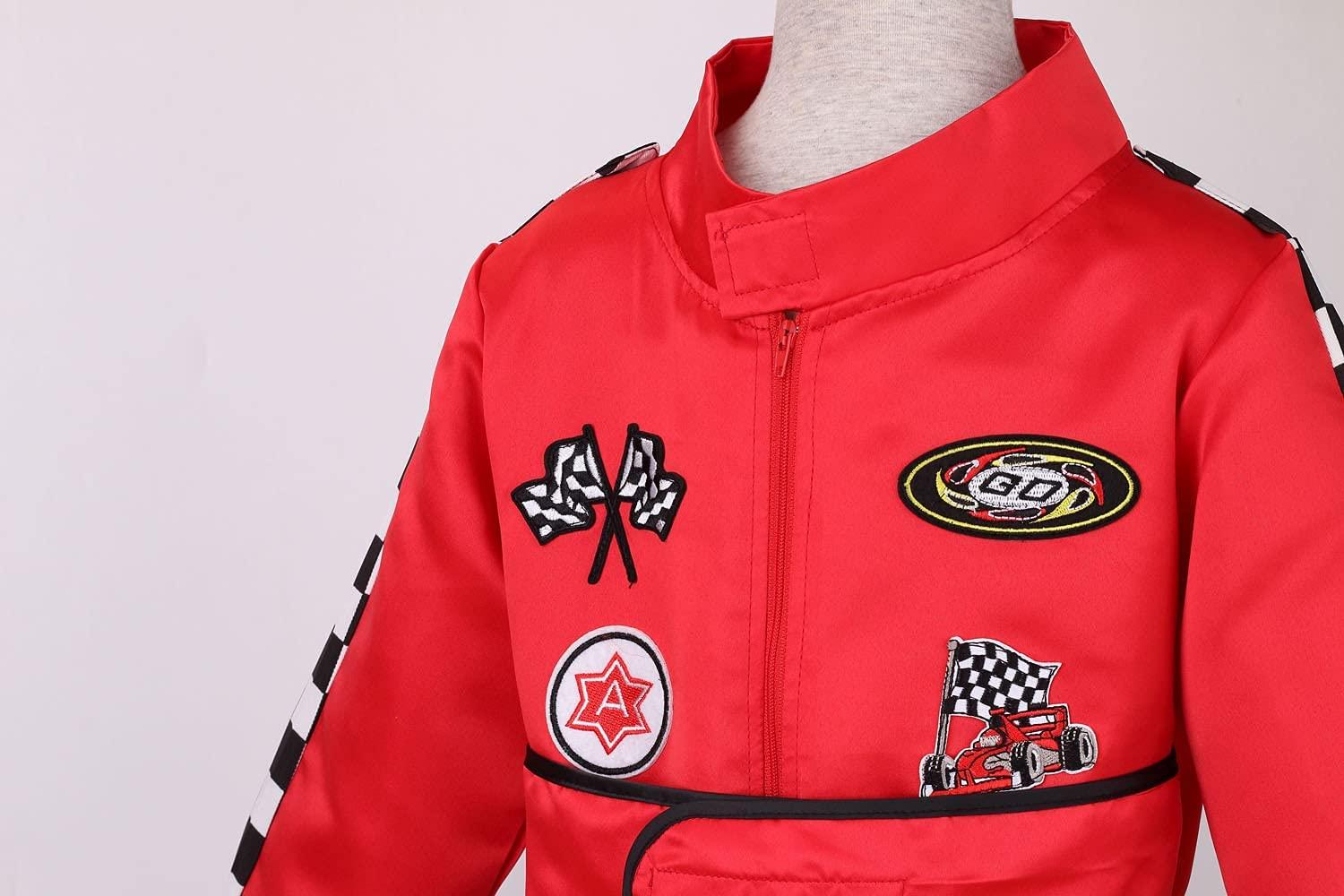 LMYOVE LMYOVE Kids Race Car Driver Costume Boys Girls Racing Halloween Play Role Dress Up Racer Jumpsuit and car cap Toddler 3-9Y (Medium, Red)