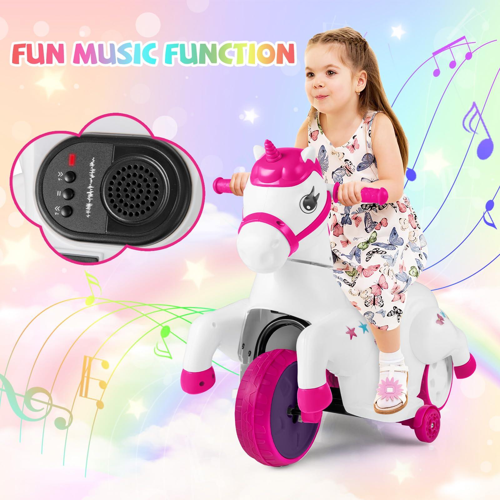 HONEY JOY HONEY JOY 12V Unicorn Ride on Toys, 3-Wheeler Battery Powered Motorized Ride on Horse w/Training Wheels, Music, Up & Down, Pony Electric Car for Kids, Gift for Boys Girls (Pink)