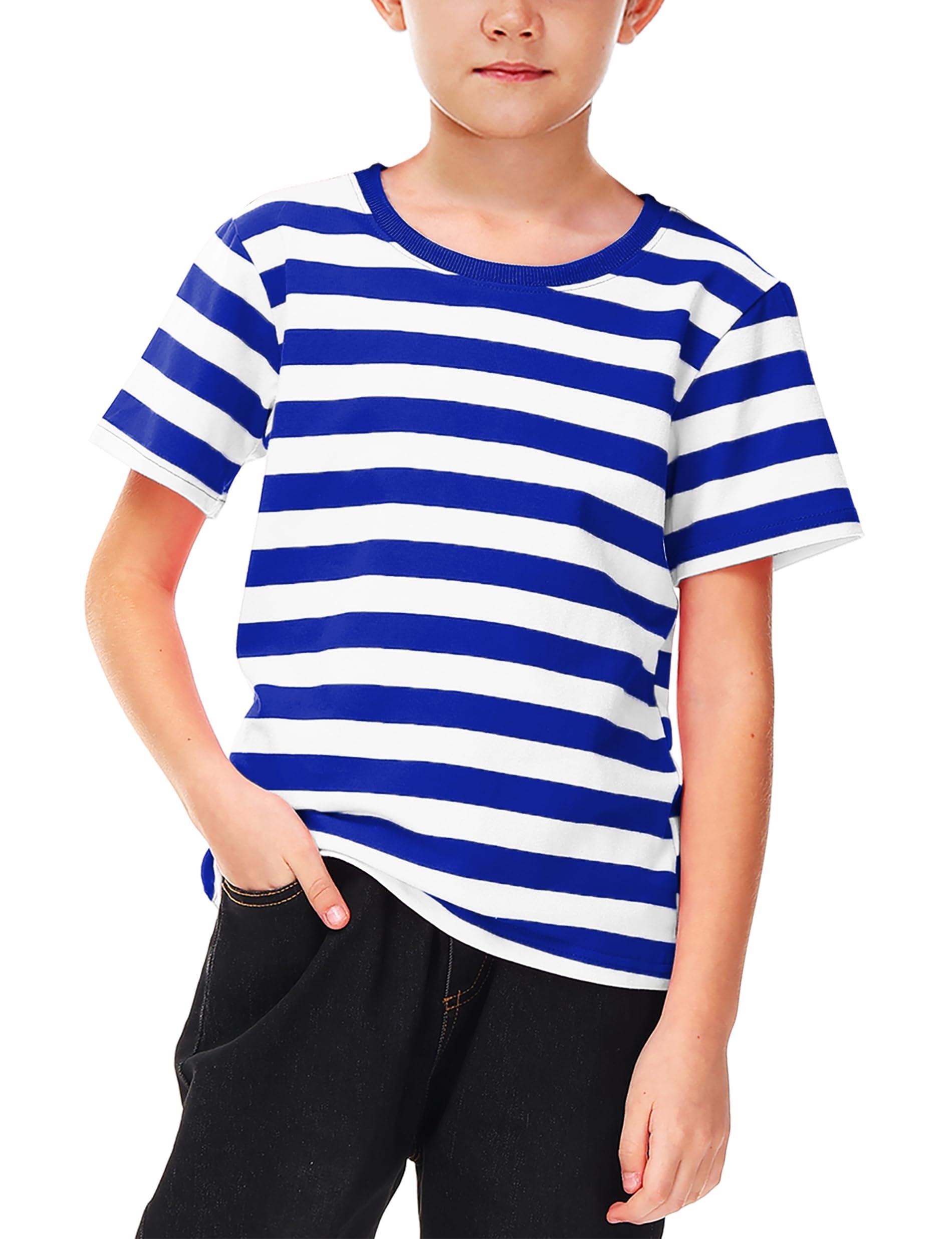 Deerose Kids Halloween Sailor Pirate Costume Blue White Striped Shirt Short Sleeve Boys Summer Tee Top 11-12 Years