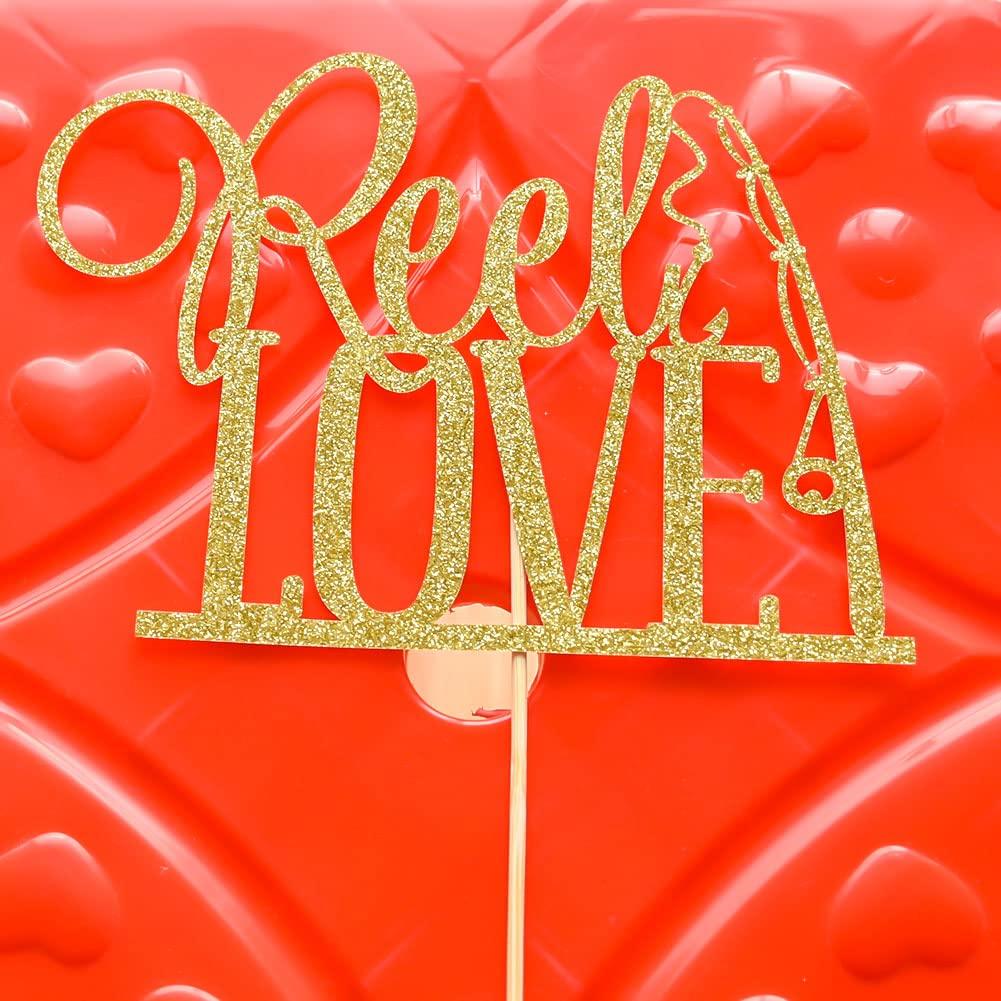 XIUHUBA Reel Love Wedding Cake Topper, Fishing Wedding Cake Toppers, Engagement Party Decors, Gold Glitter