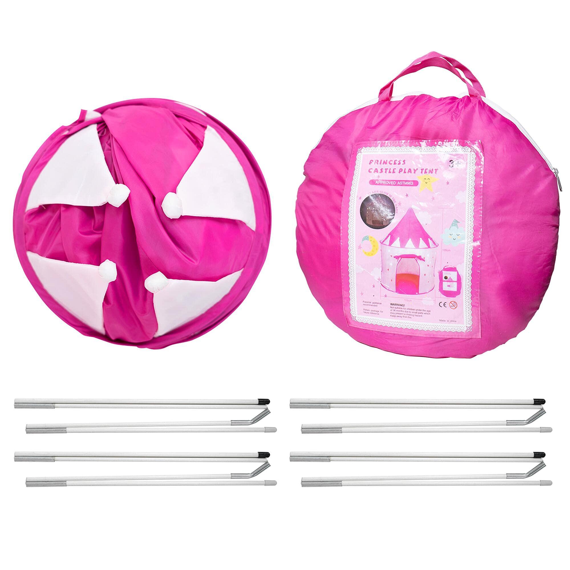 Allusweet Princess Castle Play Tent with Glow in The Dark Stars, Foldable Pink Pop up Kids Tent Playhouse Toys, for Indoor Outdoor Toddler Children Girls Gifts Tent Girls Toys Age 3/4/5/6/7/8/9 Years Old