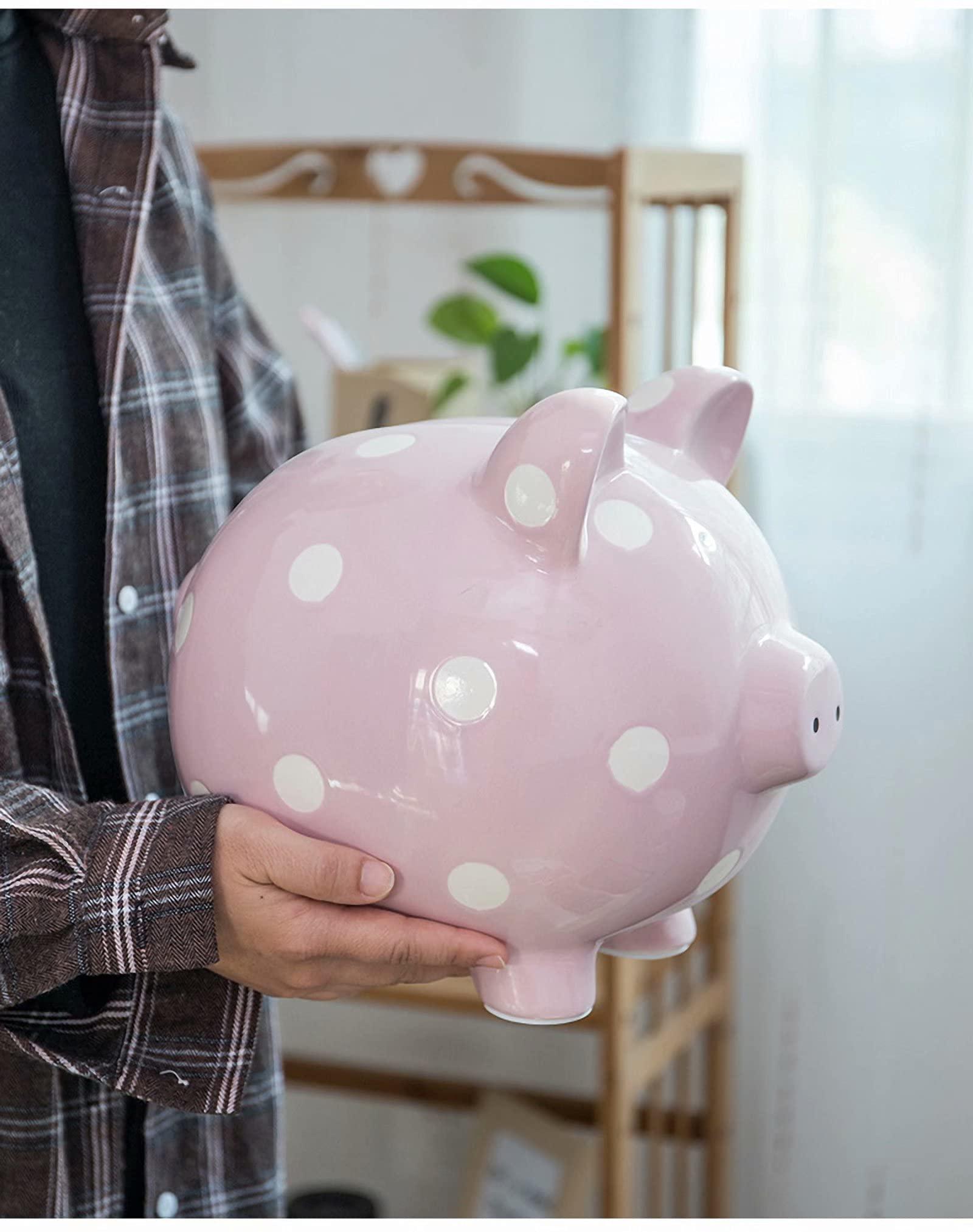Plancholo Extra Large Piggy Bank Pig for Children Girl Adults, Ceramics Coin Bank, Makes A Perfect Unique Gift, Nursery D¨¦cor, Keepsake, Or Savings Piggy Bank for Kids, Pink Poka Dot