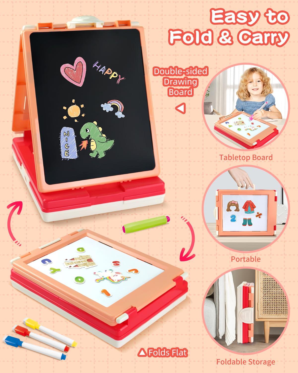 Elovien Elovien Tabletop Easel for Kids, Foldable Art Easel for Toddler,Double Sided Kids Easel with Chalkboard & Magnetic Dry Erase Board,Height Adjustable Desktop Easel, Educational Gift for Girls(Pink)