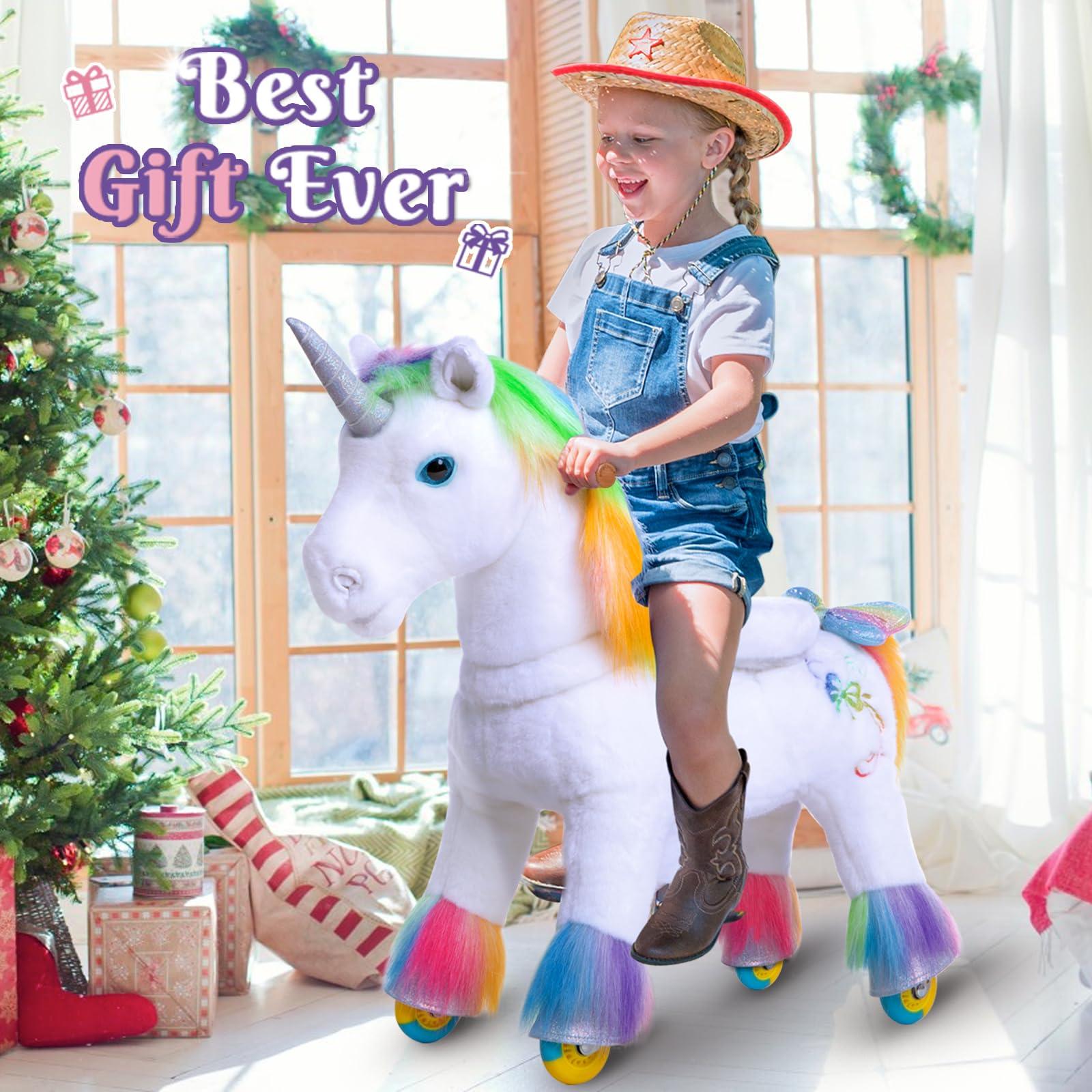 PonyCycle PonyCycle Ride on Rainbow Unicorn Toys Pony Cycle Premium Model X- Riding Horse for Kids 4-8 Size 4 Riding Unicorn No Electricity Mechanical Giddy up Pony Plush Toy Walking Animals X42