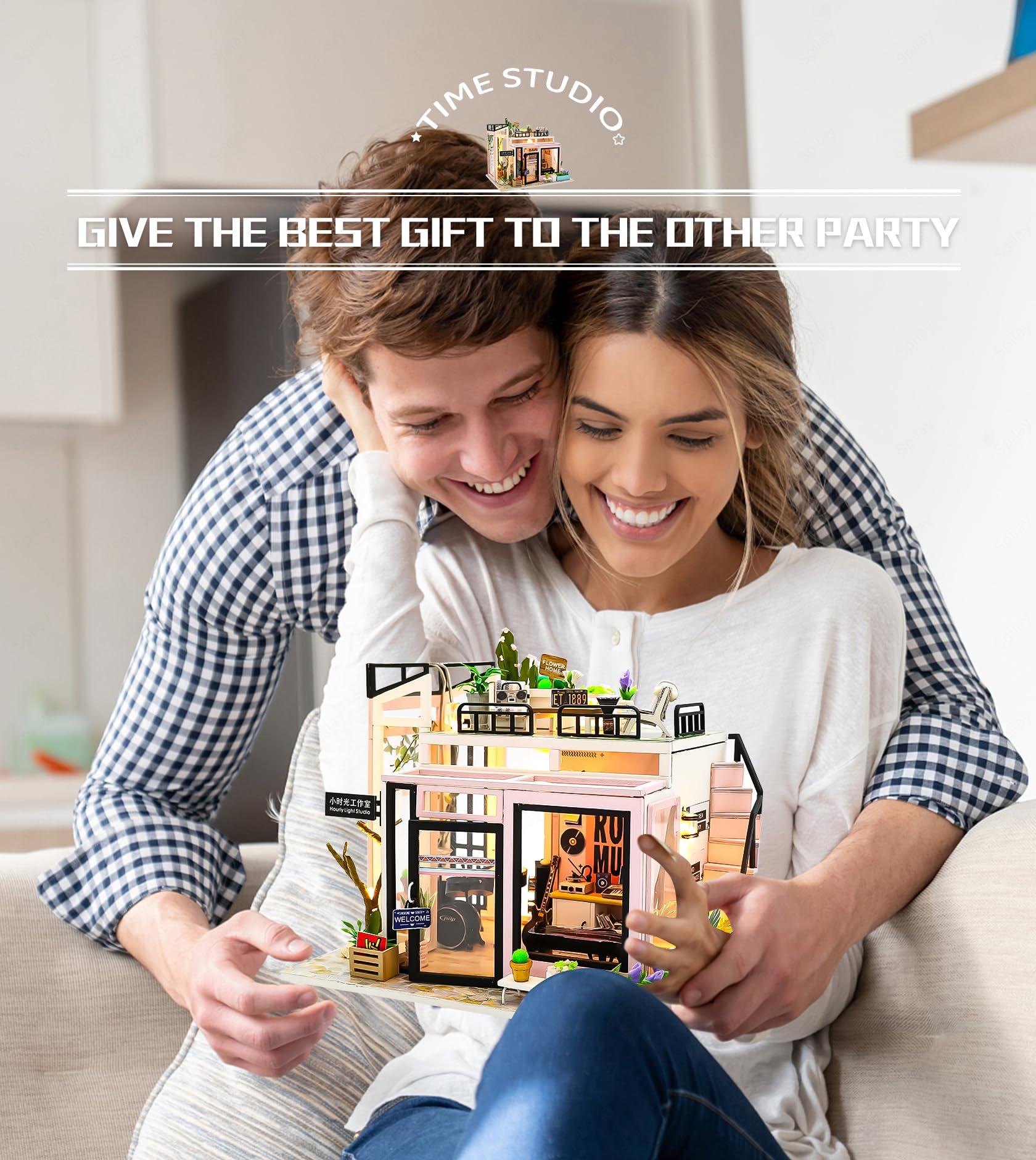 SPILAY Spilay DIY Miniature Dollhouse Kit with Wooden Furniture,DIY Dollhouse Kit with Dust Proof and Music Movement,1:24 Scale Creative Room for Romantic Valentine's Gift(Time Studio)