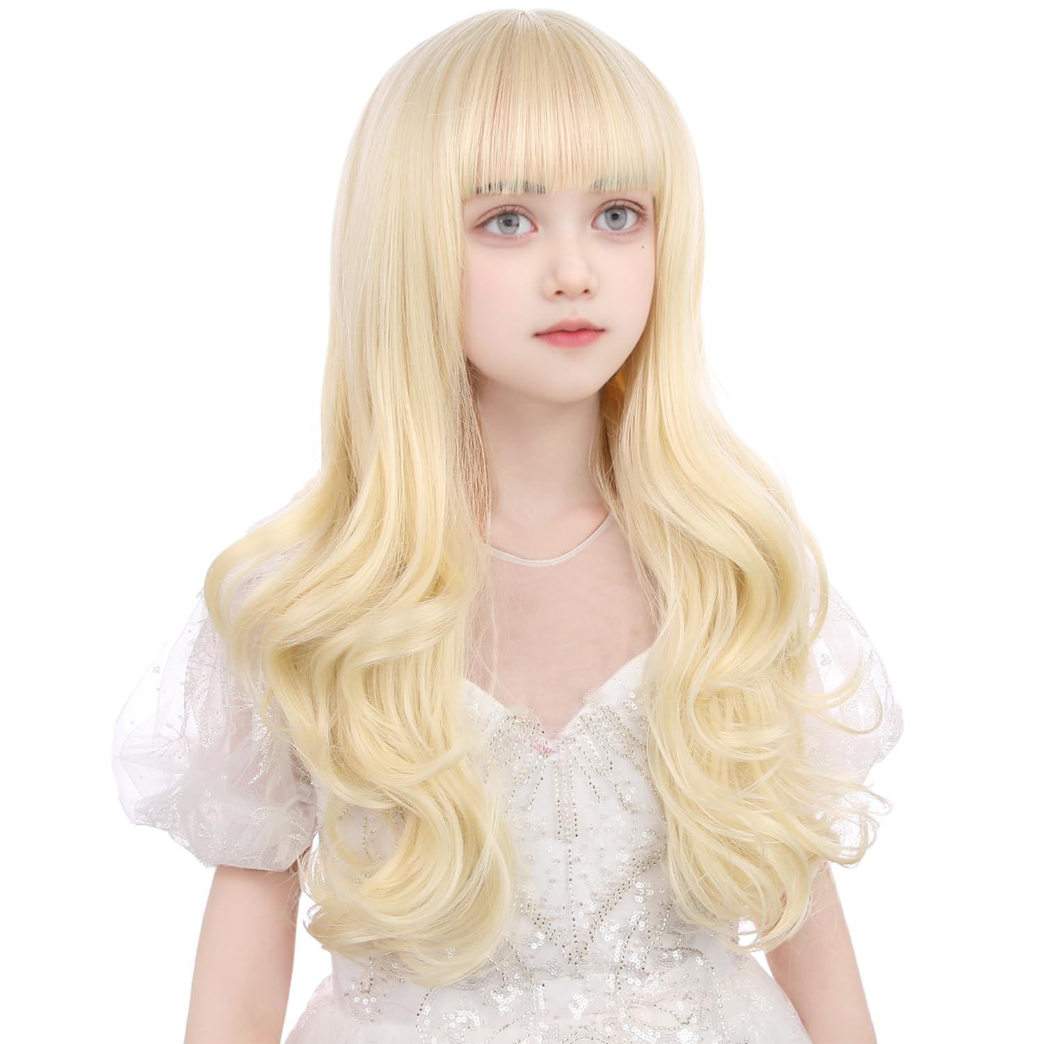 WAVELNM WAVELNM Kids Blonde Wigs Light Blonde Wavy Curly Child Wig Long Wavy Wig for Girls Blonde Wig with Bangs Synthetic Wig with Wig Cap
