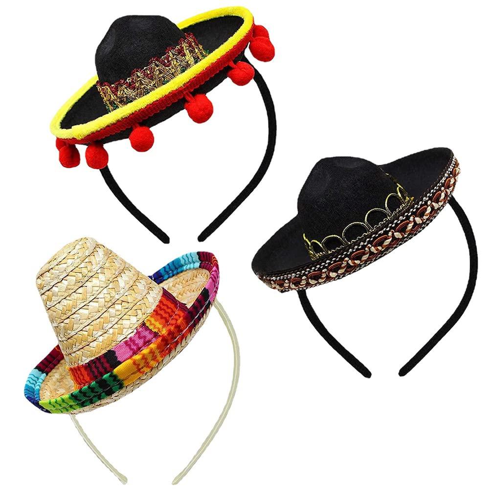 zuoshini Cinco de Mayo Fiesta Sombrero Mexican Party Decorations, 3 Pieces Sombrero Hats Mini Mexican Party Hat with Headband for Kids Boys Girls Adults