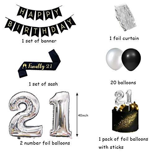 JOYMEMO 21st Birthday Decorations for Him Her Silver and Black with Happy Birthday Banner, Finally 21 Sash, 21st Birthday Cake Topper, Number 21 Foil Balloon,Foil Curtain, Finally Legal 21st Birthday Party