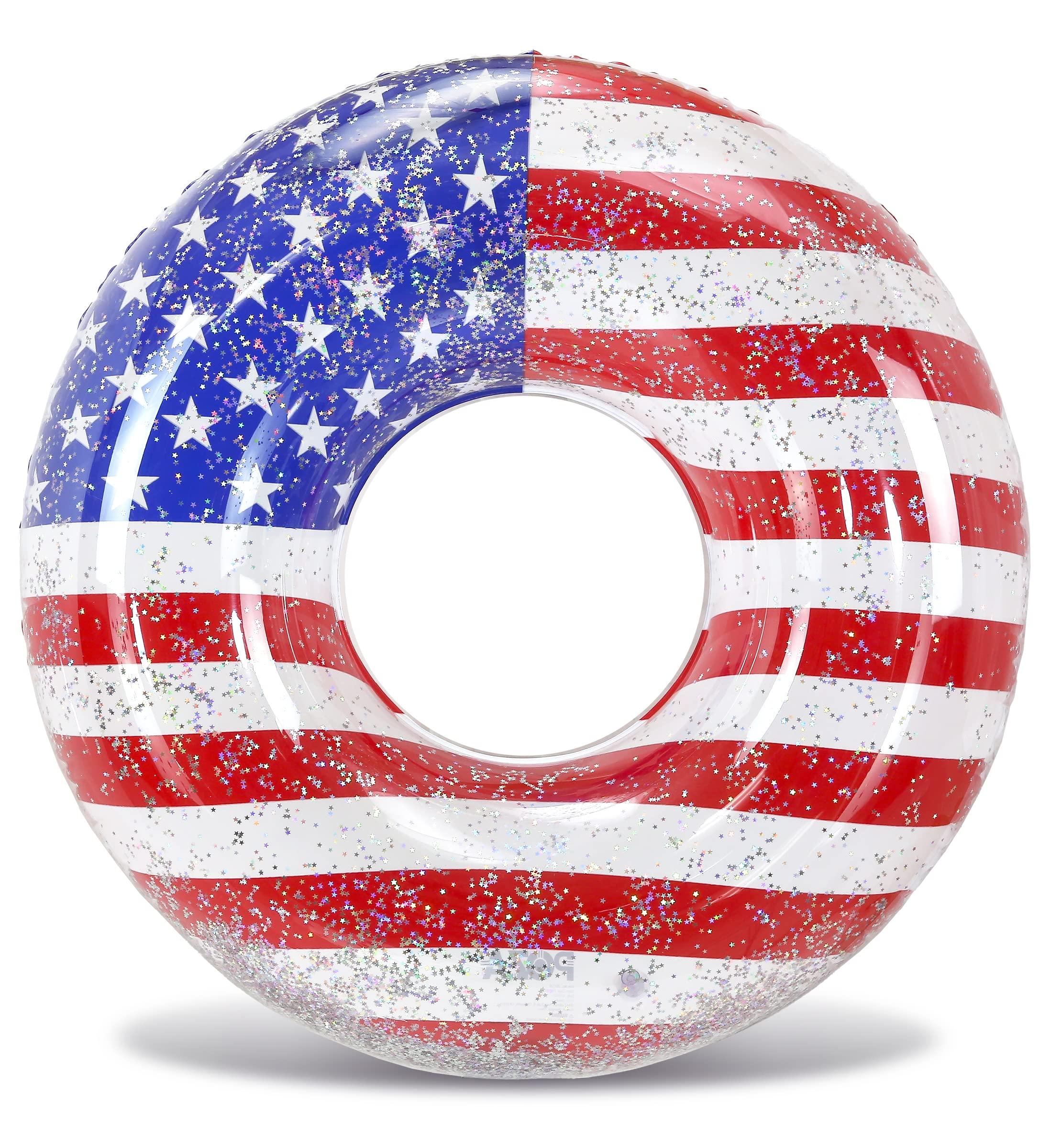 POZA POZA Inflatable USA Flag Giant Pool Float Tube - Sparkle Silver Stars Confetti Filled Luxurious Fun Lounger, Cool USA Flag Design Water Swimming Ring Pool Floaties for Beach, Lake, Pool 48 Inch