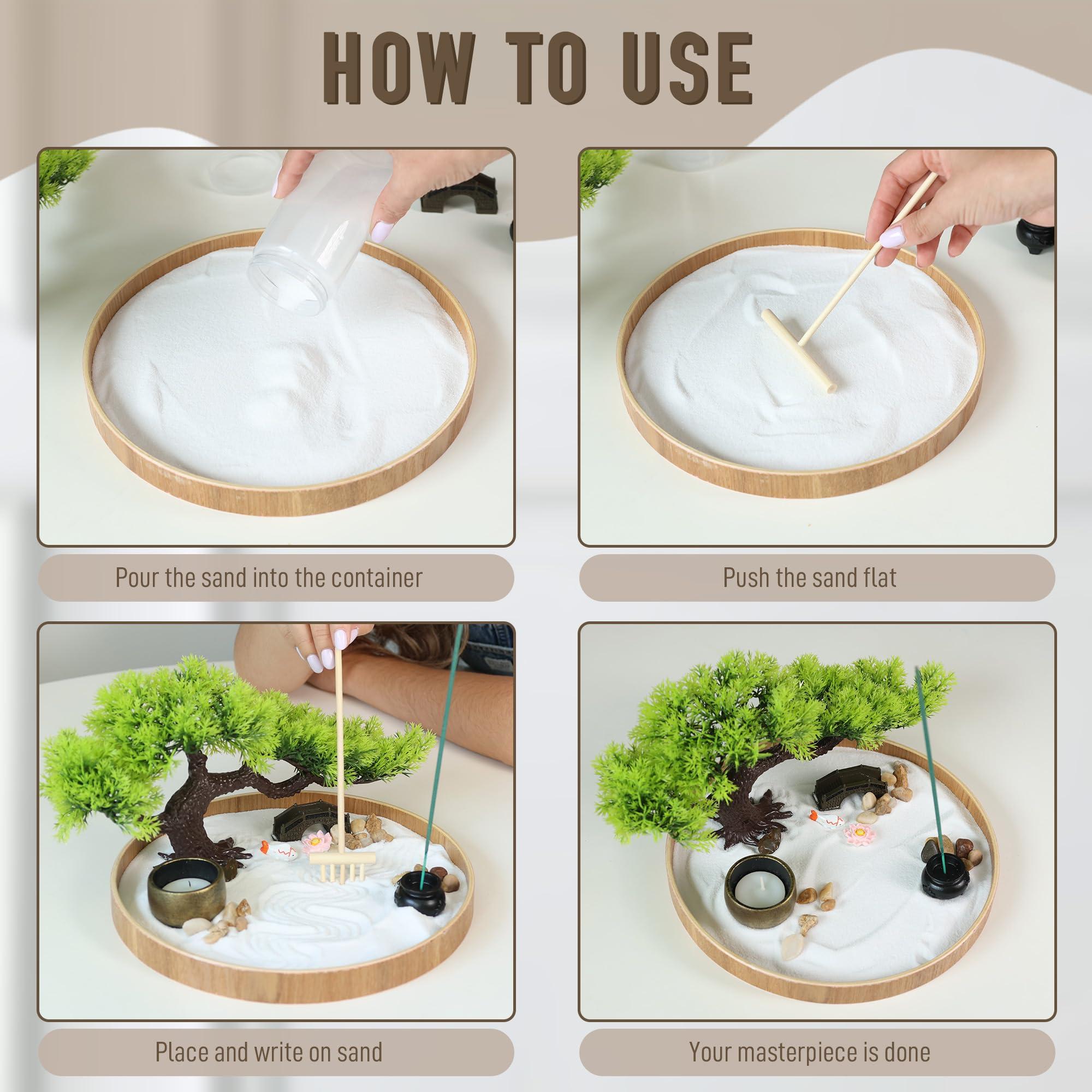 Timani Japanese Zen Garden for Desk - Zen Garden Sand Kit, Artificial Bonsai Tree, Rakes & Accessories - Japanese Decor Office Home Desktop Relaxation Sandbox Decor. 9.5\" Inches Wooden Round Tray