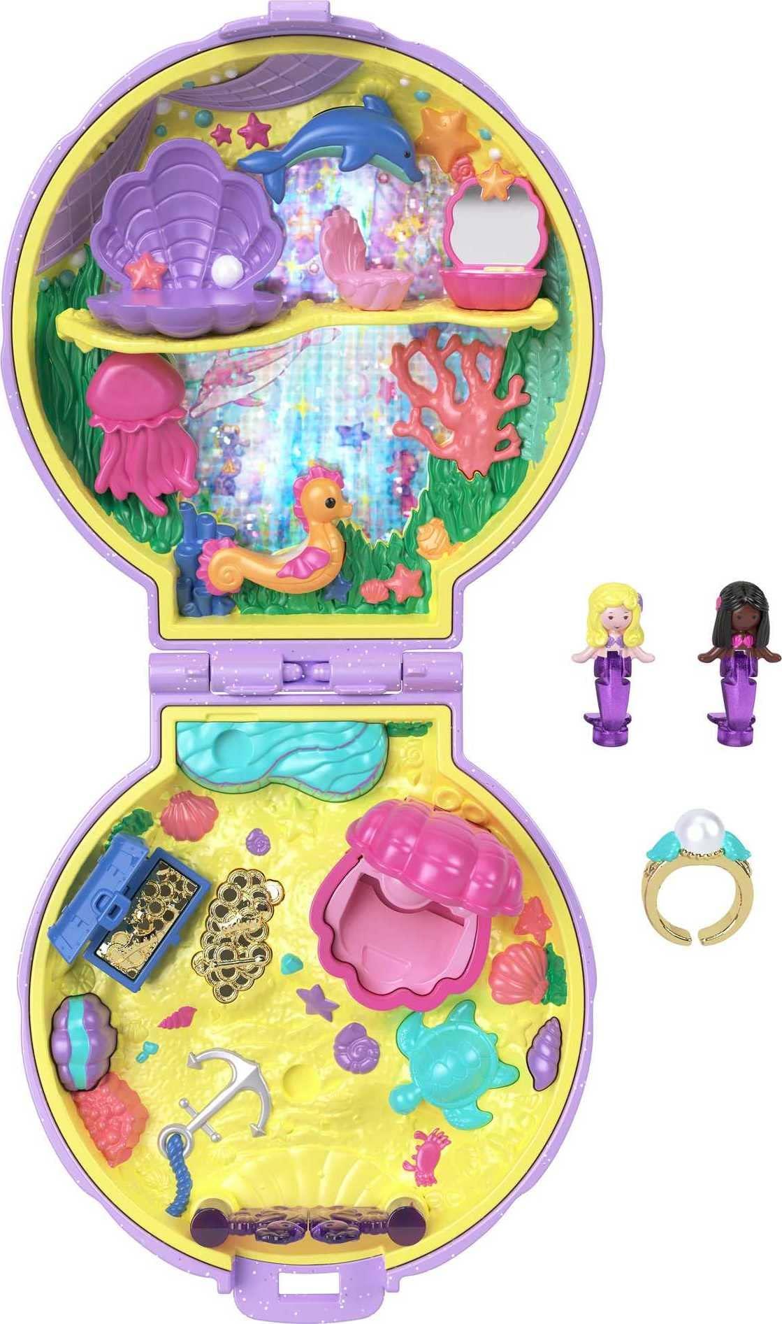 Polly Pocket Polly Pocket Keepsake Collection Mermaid Dreams Collectible Compact, Under-The-Sea Theme, Special Box, 2 Mermaid Dolls, Wearable Ring & More, Collectible Gift, Ages 4 Years Old & Up
