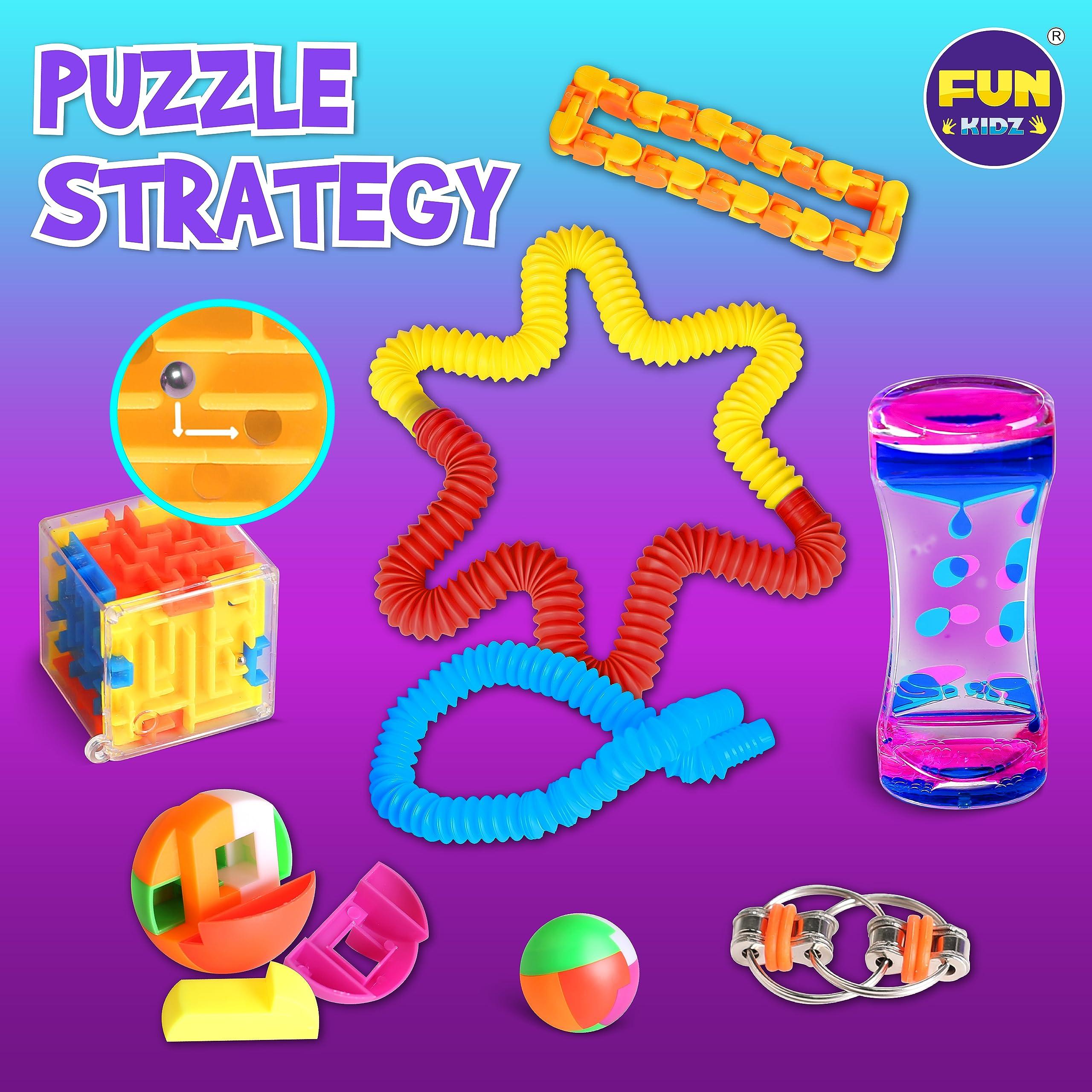FUN KIDZ Fidget Pack Box for Boys Girls 4-12, FunKidz Fidget Toys for Kids 5-7 Autistic Sensory Mystery Birthday Gifts in Reusable Portable Treasure Box Nice Party Favors