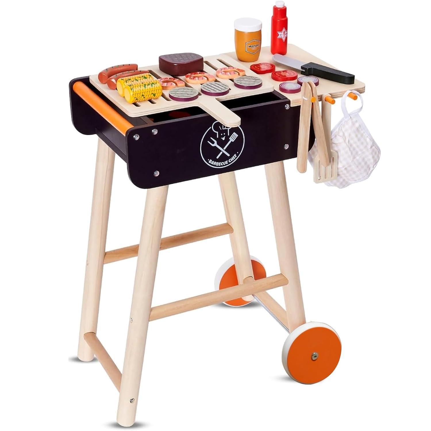 MerryPony MerryPony Wooden Play Barbecue Toy Grill, Kids BBQ Grill Playset with Play Food and Grilling Tools, Kids Cooking Sets, Outdoor Play Kitchen Set Kids, Pretend Play Kitchen Accessories Toddlers Age 3+