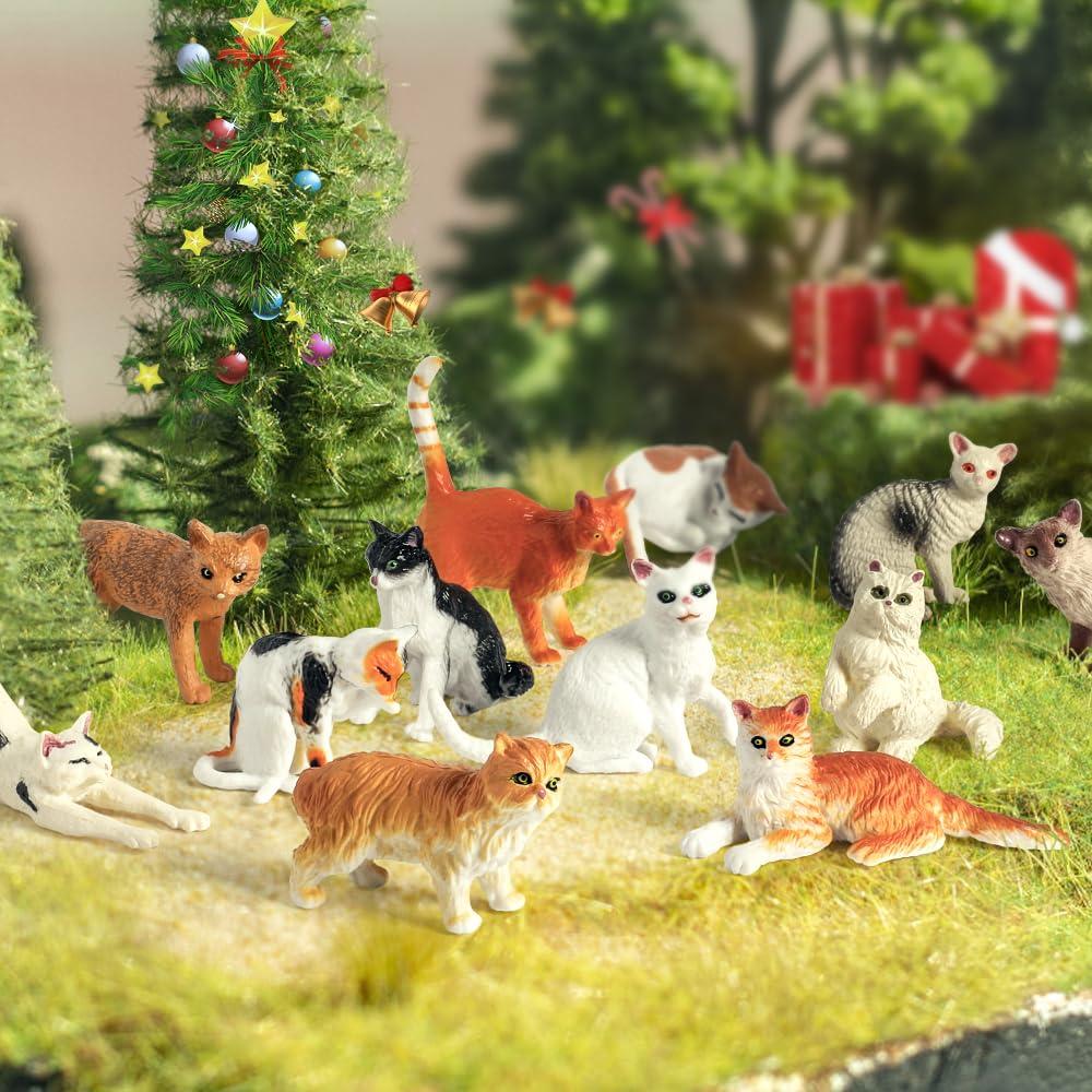 Mini Tudou Mini Tudou 12PCS Cat Figurines Set, Realistic Cat Figure Toy Set with Food Bowl,Educational Kitten Toys,Multicolor Cat Animal Figurines Toys Cake Topper Christmas Birthday Toy for Kids Boys Girls