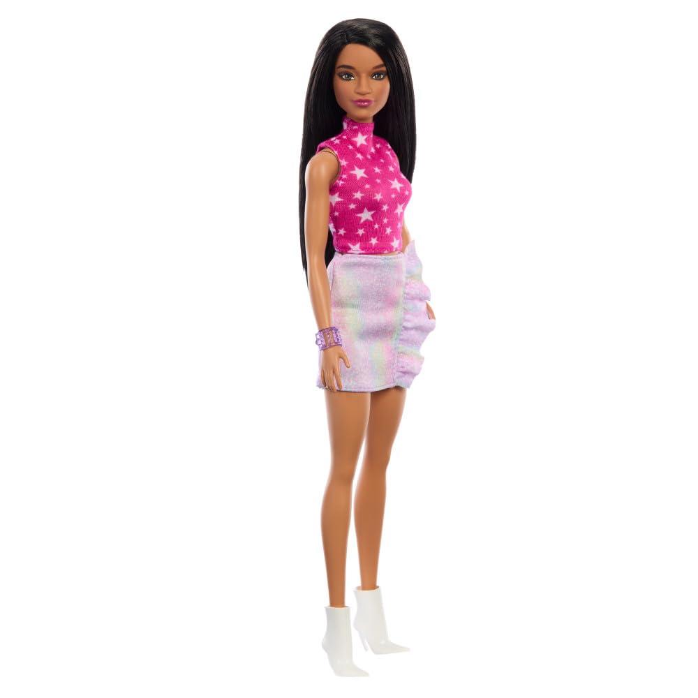 Barbie Barbie Fashionistas Doll #215 with Black Straight Hair, Pink Star-Print Top & Iridescent Skirt, 65th Anniversary Collectible Toy