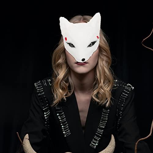 Amosfun Kitsune Fox Furry Masks Half Face Cosplay Masks Animal Costume Japanese Party Assecories for Cosplay Costume Masquerade Drama Halloween White