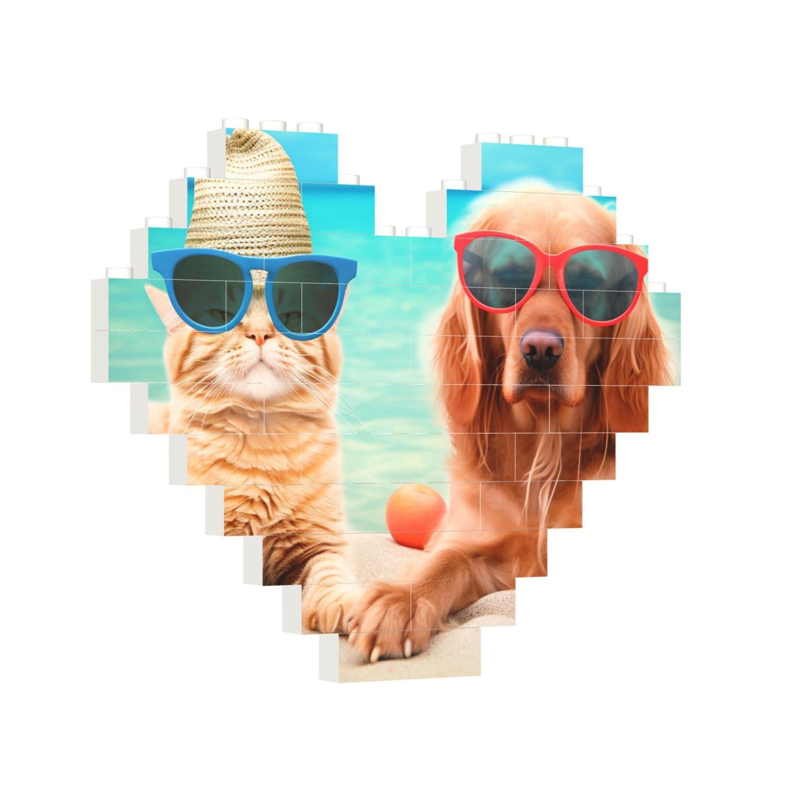 RLDOBOFE Building Block Puzzle Heart Shaped Building Bricks for Adults Summer Beach Funny Cat Dog Block Puzzle Building Brick Block Puzzles for Ornament Hanging 3D Micro Building Blocks for Home Decor