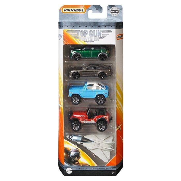 MATTEL Matchbox Top Gun Maverick 5 Pack #1- 4 Vehicles & 1 Plane Replicas from The Movie 1972 Ford Bronco Jeep 4x4 2019 Ford Mustang 2011 Mini Countryman