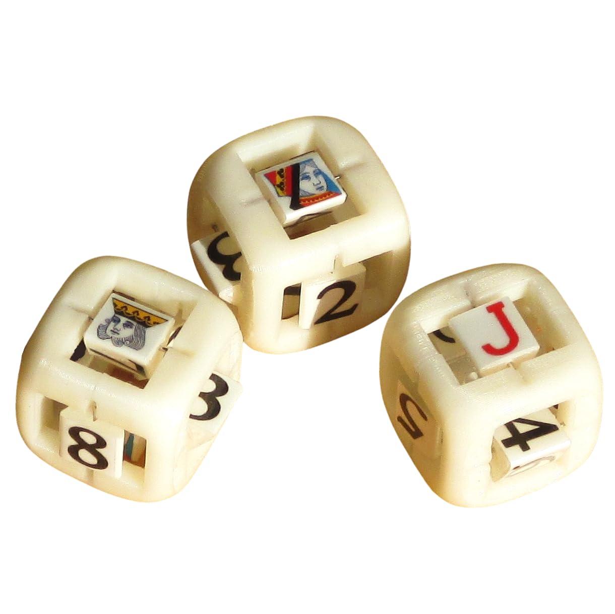 Dream Dice Generic Poker Dice - Using Patent Dice. Set of Three 6-Sided Dice. Each Die Displays All Numbers 2 Through 10, Jack, Queen and King.