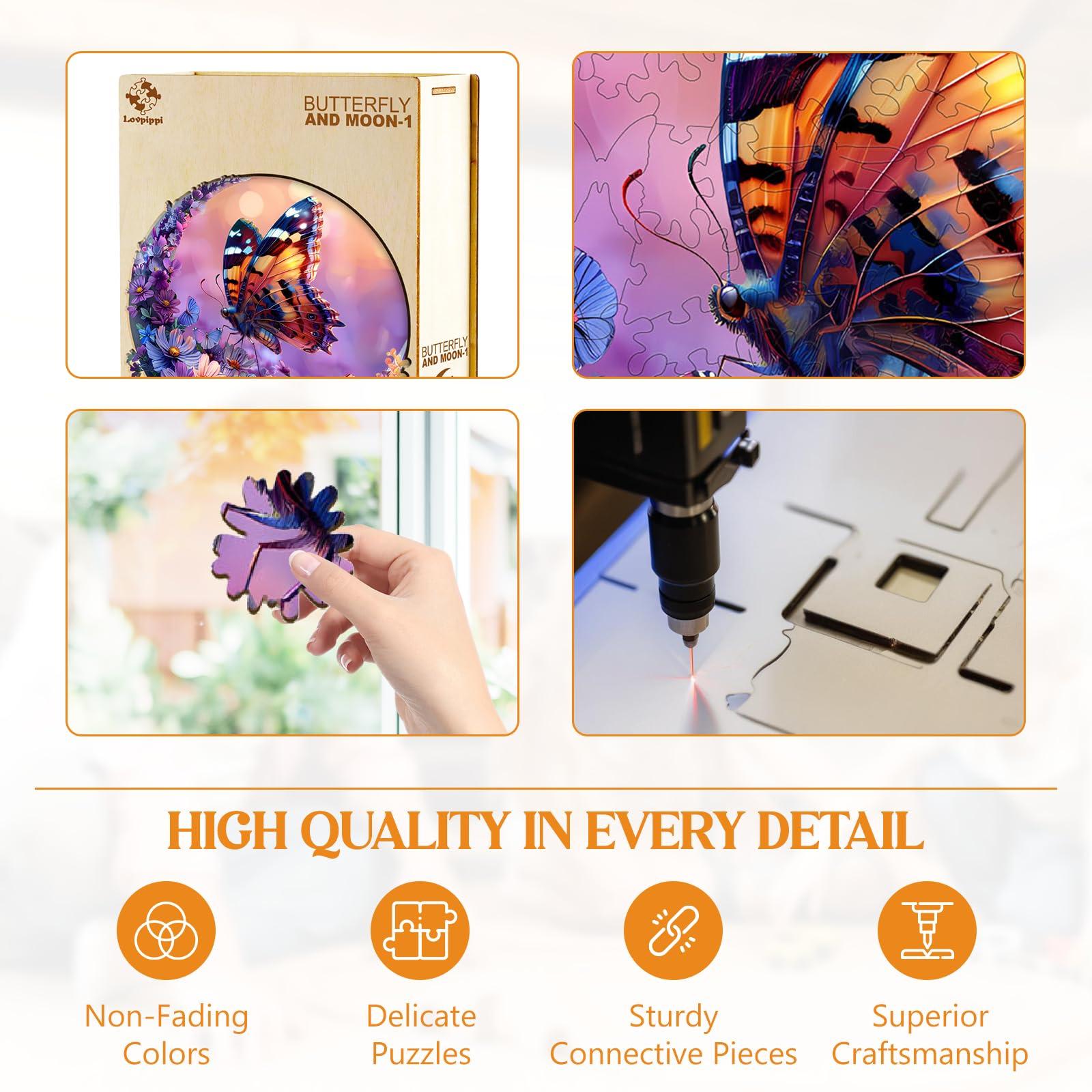 Lovpippi Wooden Puzzles for Adults, Wooden Jigsaw Puzzles for Adults, Butterfly and Moon-1 Unique Shaped Wood Puzzles Adult, Birthday Gifts for Friends Family Game, Home Decor (11.4 * 11.4in 200pcs)