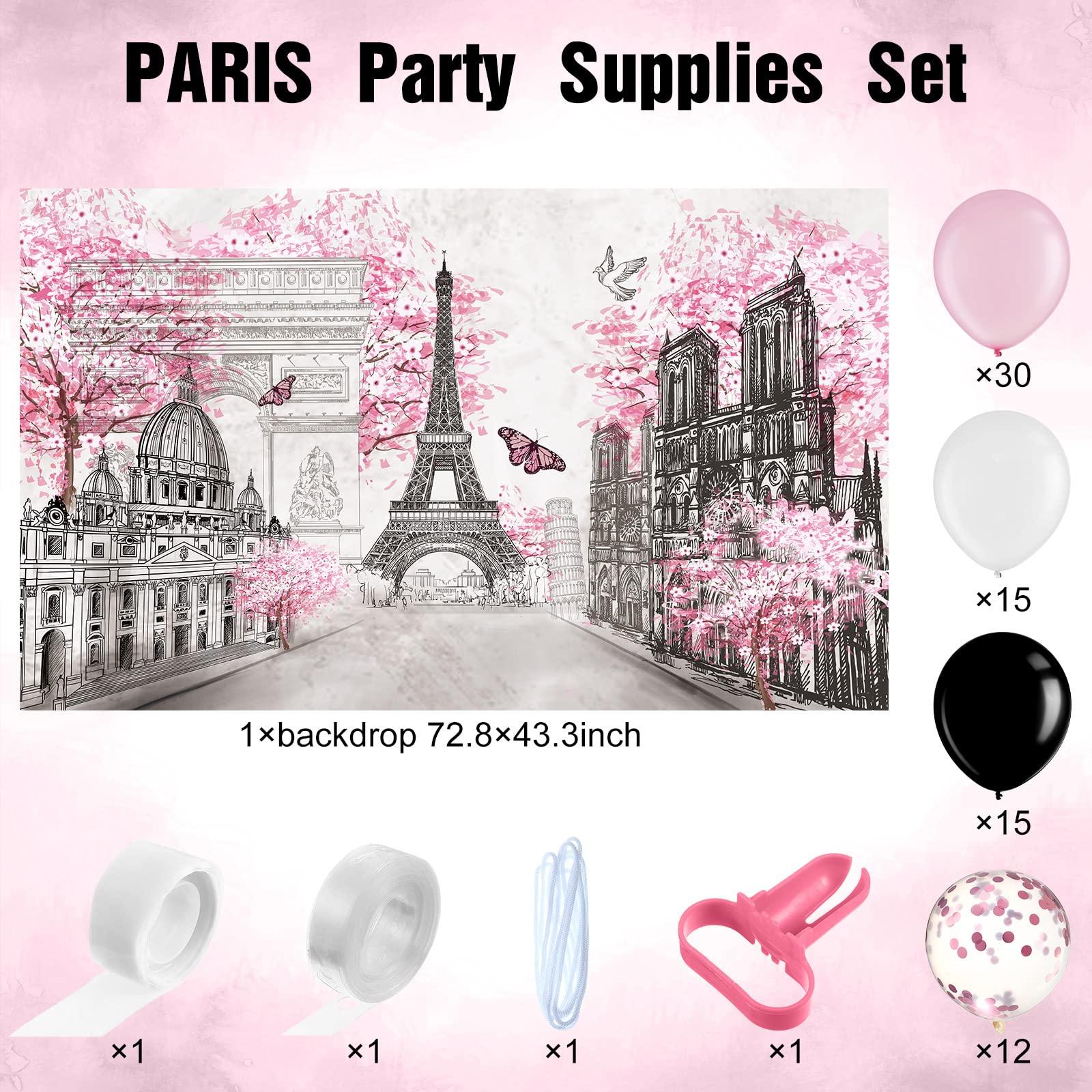 Sumind 76 Pcs Paris Party Supplies Set Pink Paris Theme Party Decoration Eiffel Tower Party Backdrop White Pink Black Balloon Arch Garland Kit for Kid Boy Girl Birthday Decoration