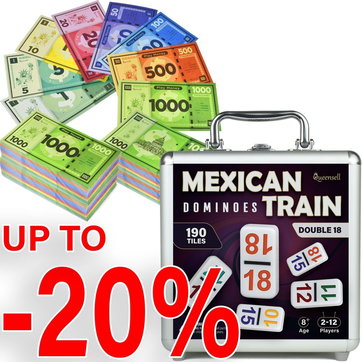 Queensell Play Money Suitable for Monopoly Board Game 480 pcs of 60 Each Bill Denomination + Mexican Train Dominoes Set with Numbers - Double 18 Dominos Set for Adults and Kids