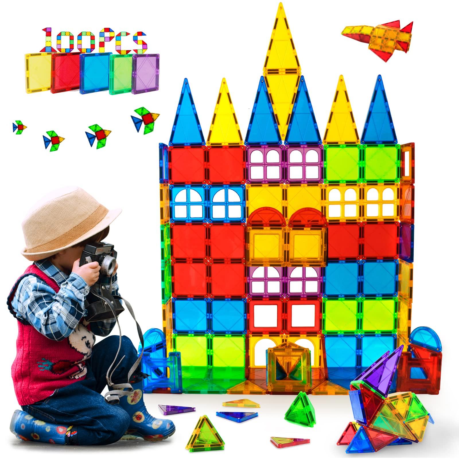 MAGBLOCK MAGBLOCK Magnet Toys Kids Magnetic Building Tiles 100 Pcs 3D Magnetic Blocks Preschool Building Sets Educational Toys for Toddlers Boys and Girls.