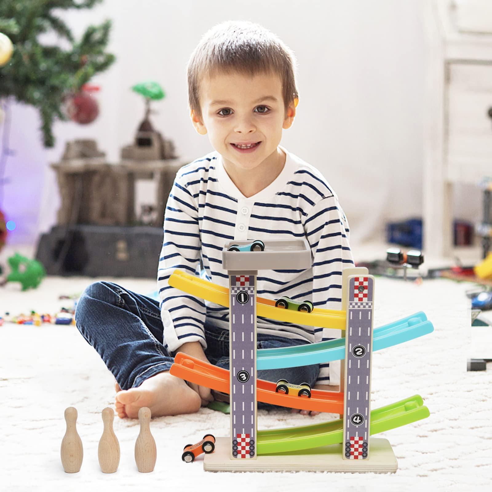 Ark miido Wooden Car Ramp Toys Race Track Zig Zag Car Slide Toddler Montessori Toys Click Clack Race Track Bowling Game Gifts Wooden Car Toy Garage with 4 Mini Cars 3 Bowlings for 1 2 3 4 5 Year Old Boys Girls