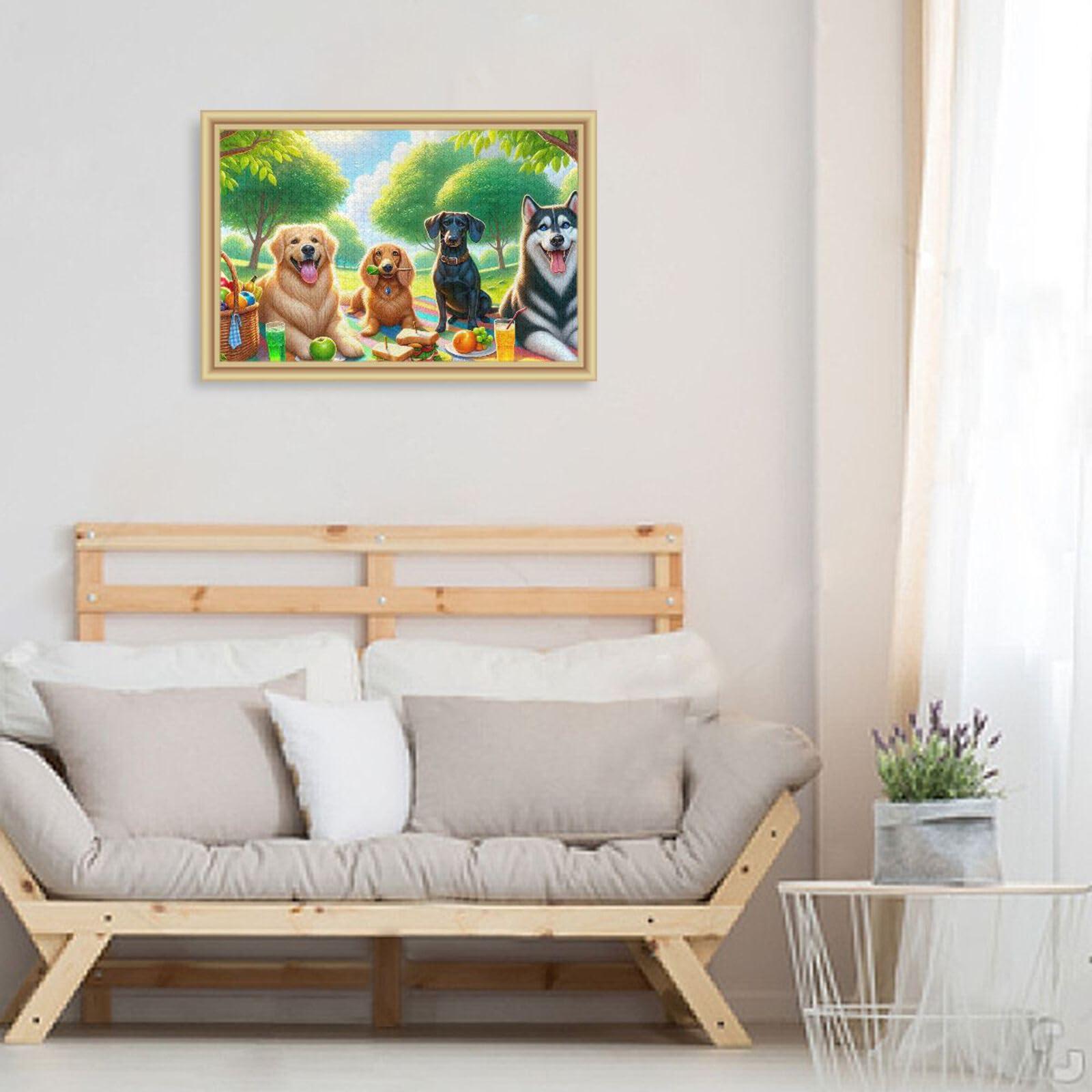 TSENQUE 500 Piece Jigsaw Puzzle, Picnic Dogs Puzzle DIY Gift Jigsaw Puzzles with Mesh Storage Bag for Adults Teens, 20.5\" L X 14.9\" W