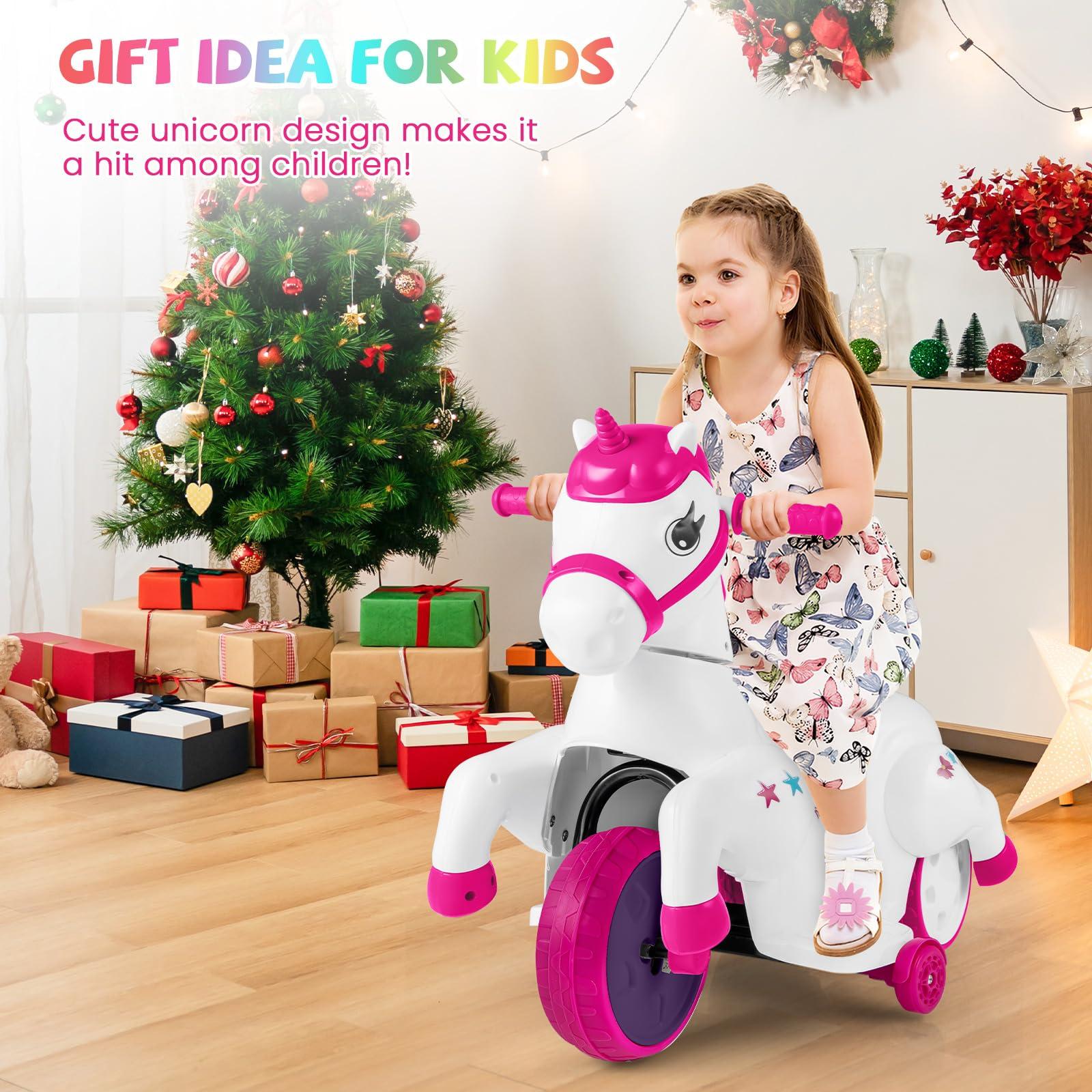 HONEY JOY HONEY JOY 12V Unicorn Ride on Toys, 3-Wheeler Battery Powered Motorized Ride on Horse w/Training Wheels, Music, Up & Down, Pony Electric Car for Kids, Gift for Boys Girls (Pink)