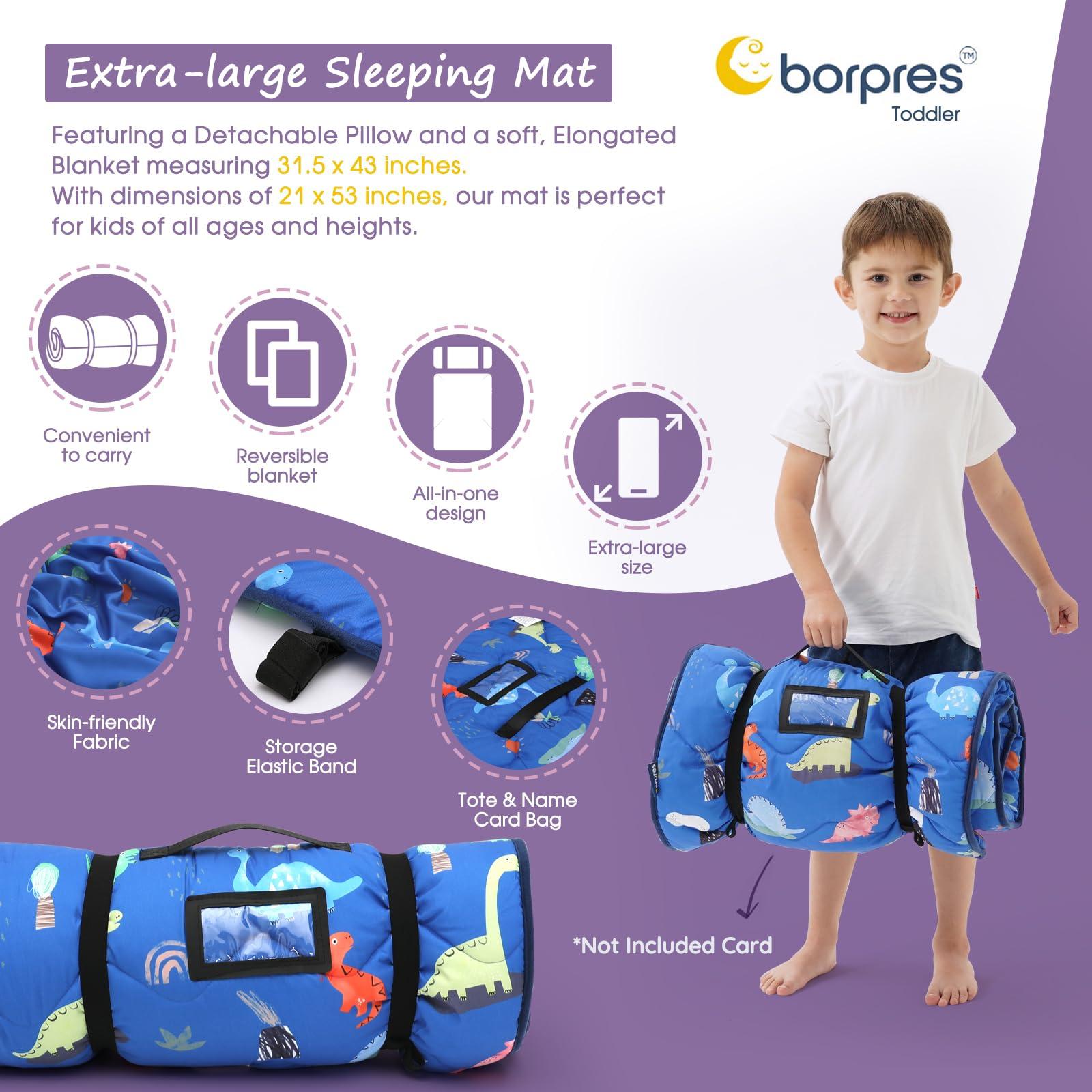 BORPRES Nap Mat with Pillow Blanket Set: Navy Dino Sleeping Mats for Toddler Kids - Thick Large Roll up Slumber Bag for Daycare Preschool Kindergarten Boys Girls