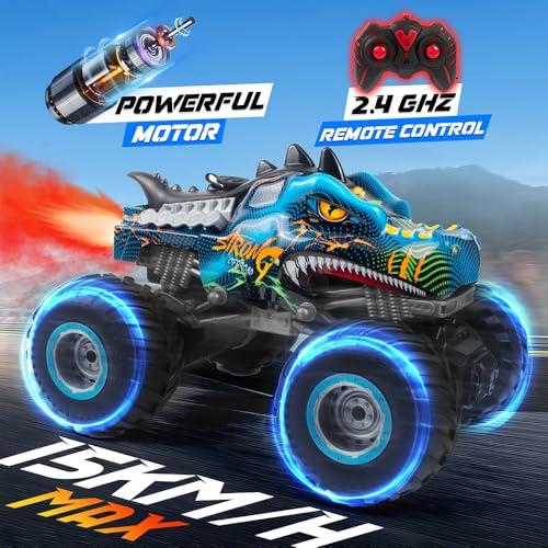 Rhybor Rhybor Remote Control Dinosaur Car, 2.4GHz All Terrain Remote Control Monster Truck, RC Dinosaur Monster Car, Spray Music Monster Truck RC Cars for Boys 4-7 8-12 and Girls