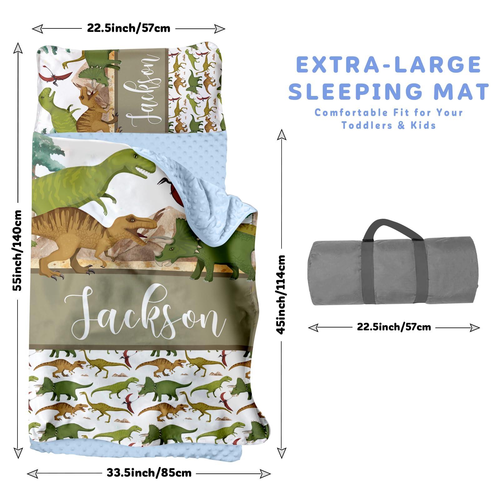 Kotagi Personalized Toddler Nap Mat for Daycare Cot Bedding, Custom Baby Name Sleeping Bag for Preschool Kindergarten, Brown Dinosaurs Portable Nap Mats with Pillow Blanket for Kids Children Boy