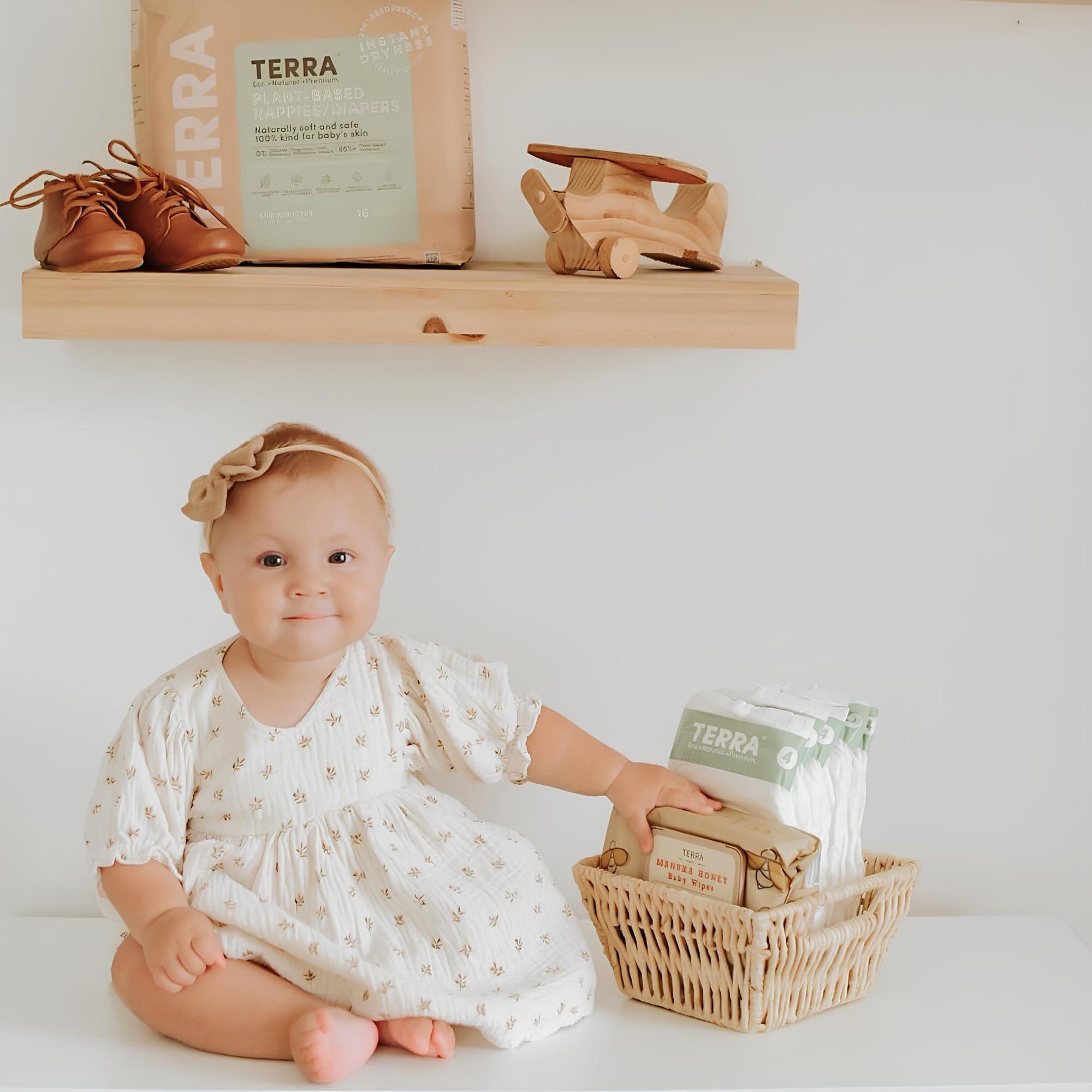 Terra Terra Size 1 Newborn Diapers: 85% Plant-Based Diapers, Ultra-Soft & Chemical-Free for Sensitive Skin, Superior Absorbency for Day or Nighttime Diapers, Designed for Newborns up to 11 Pounds, 24 Count