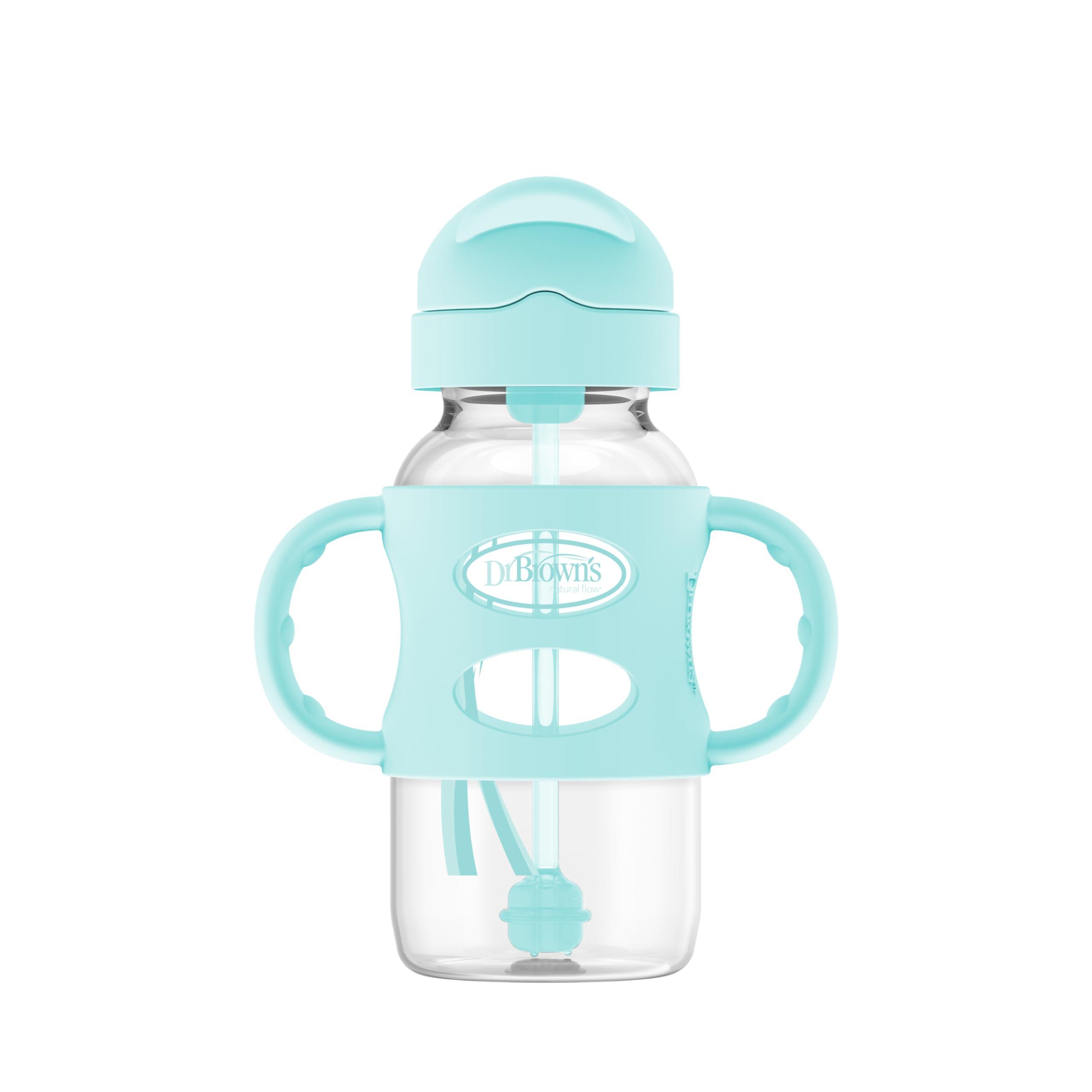 Dr. Brown's Dr. Brown's Milestones Wide-Neck Sippy Straw Bottle with 100% Silicone Handles and Weighted Straw, 9 oz/270 mL, Green, 6m+