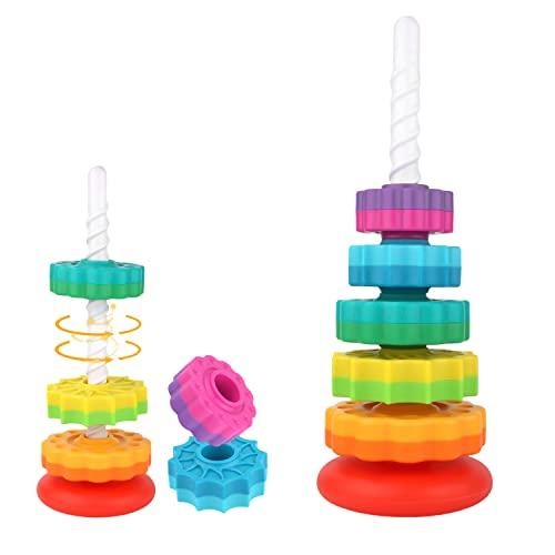 TOYMIS Spinning Stacking Toys, Rainbow Tower Stacker Interesting Rainbow Spinning Wheel Toy BPA Free Early Education Kids Brain Development Toys Family Games for 12 Months +, Develop Cognition Ability