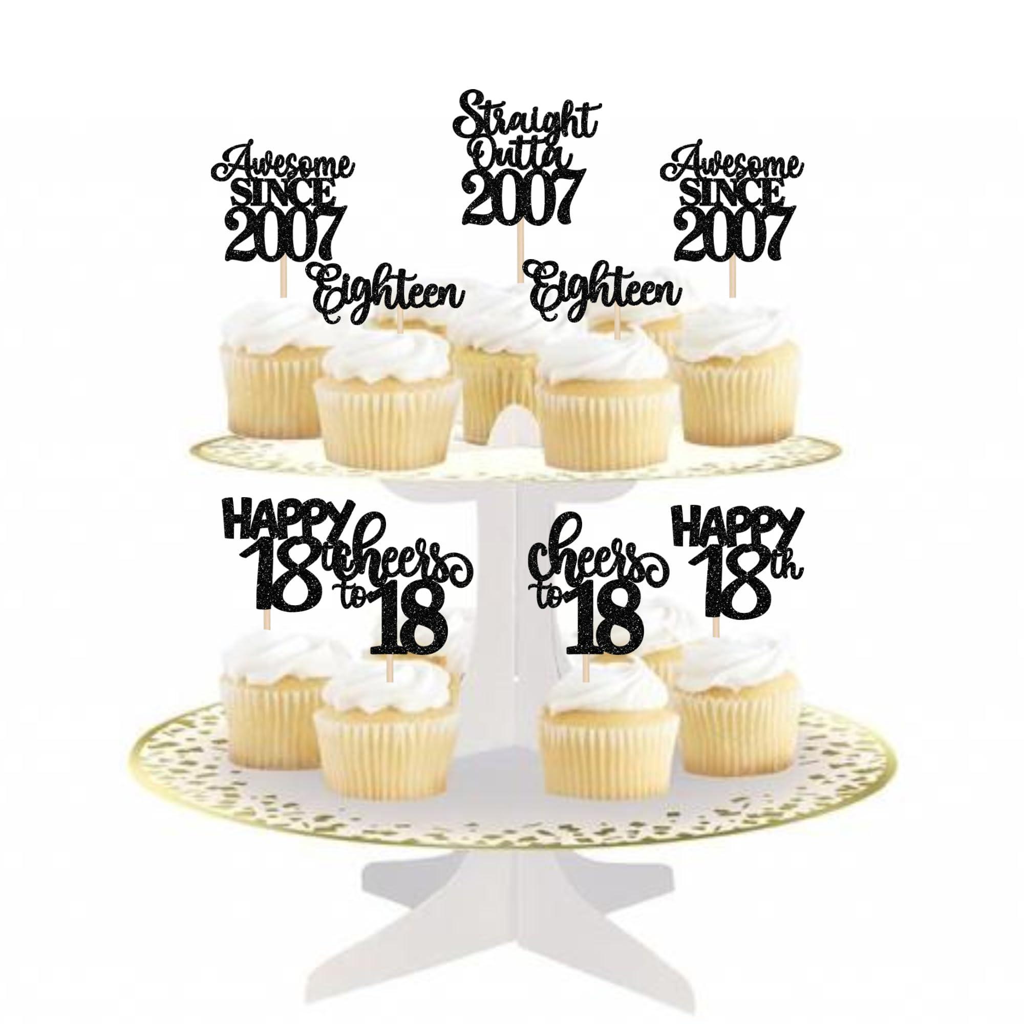 YCTHUNFISH 30 Pack 18th Birthday Cupcake Toppers Glitter Straight Outta 2007 Happy 18th Eighteen Awesome Since 2007 Cupcake Picks 18 Fabulous Cake Decorations for 18th Birthday Wedding Anniversary Party Black